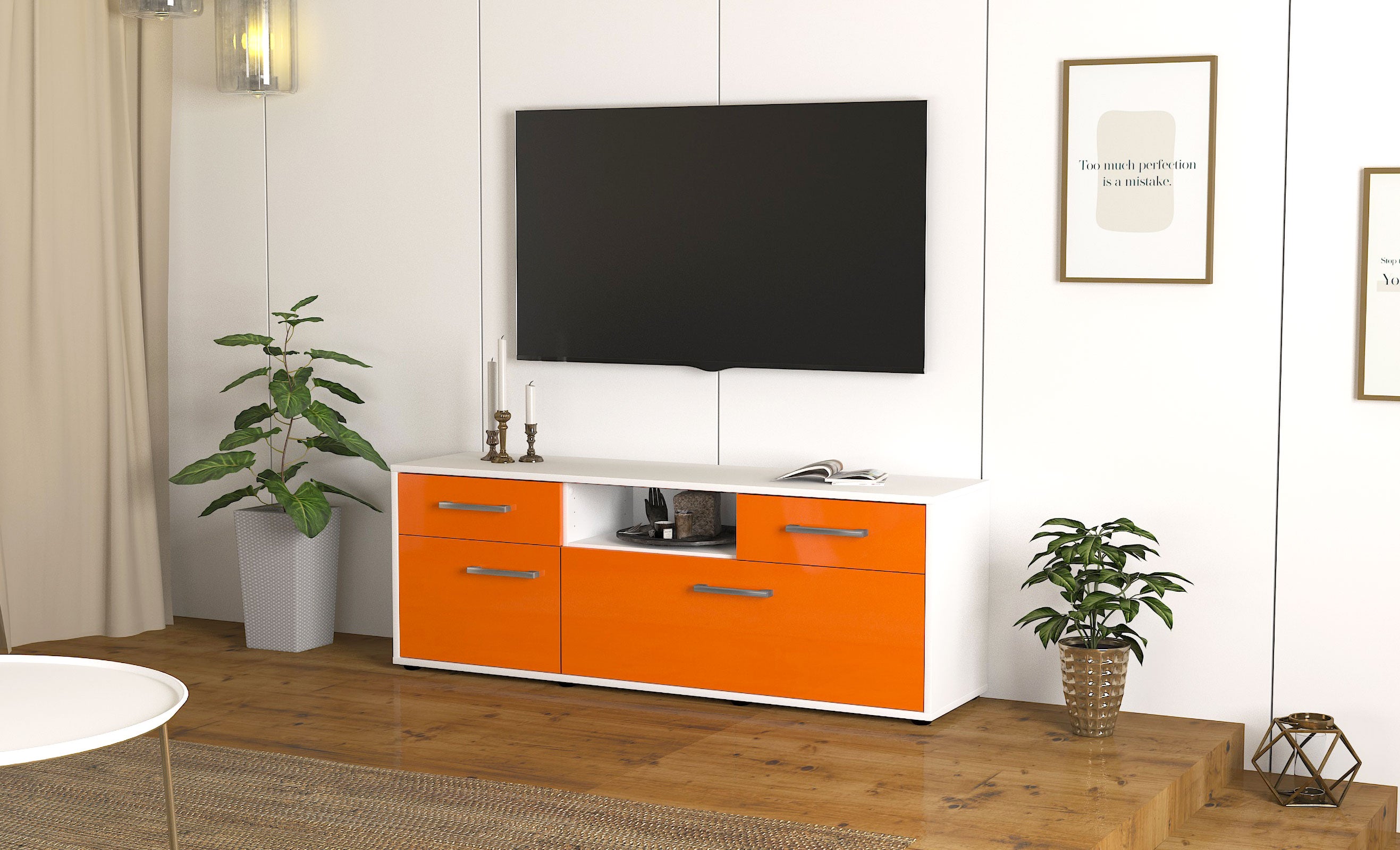 Lowboard - Anita - Design Hochglanz - Freistehend mit Griffe 136 cm Weiss