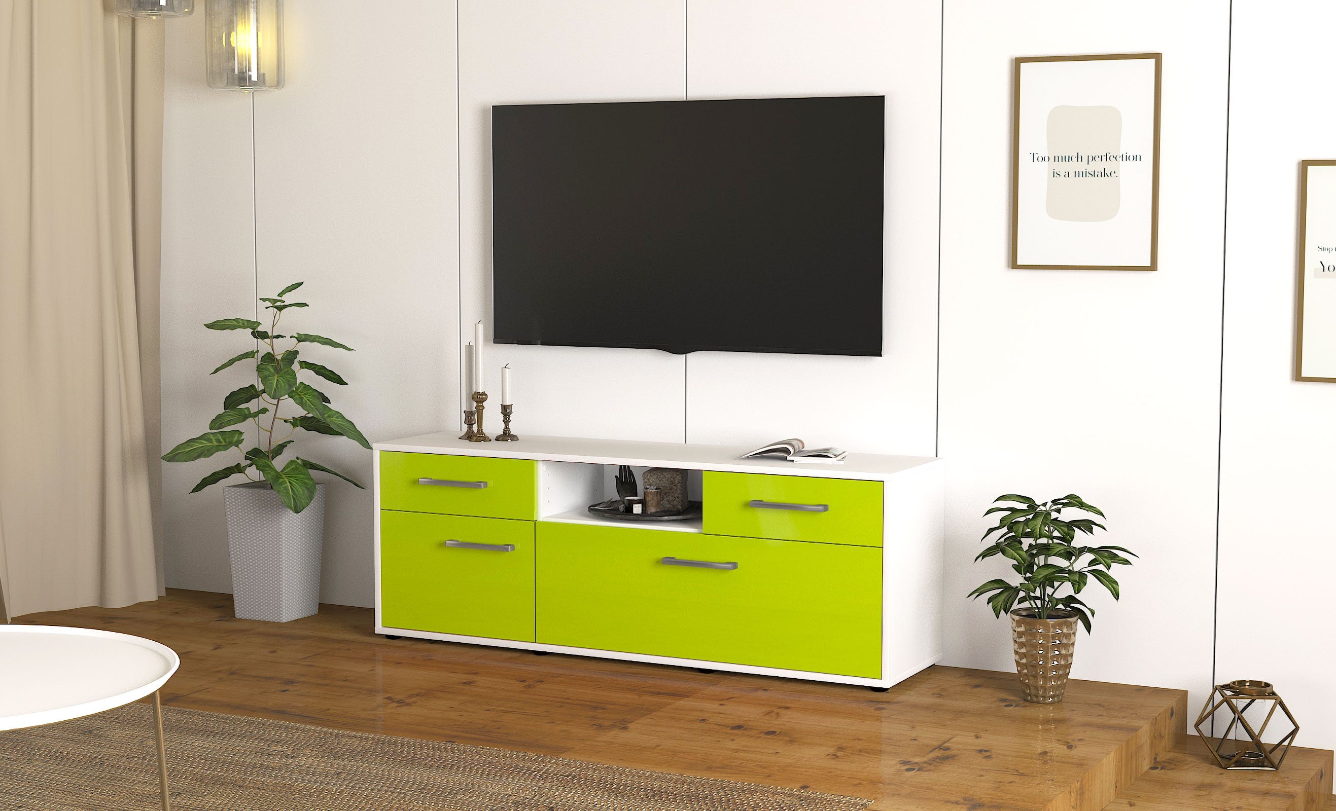 Lowboard - Anita - Design Hochglanz - Freistehend mit Griffe 136 cm Weiss