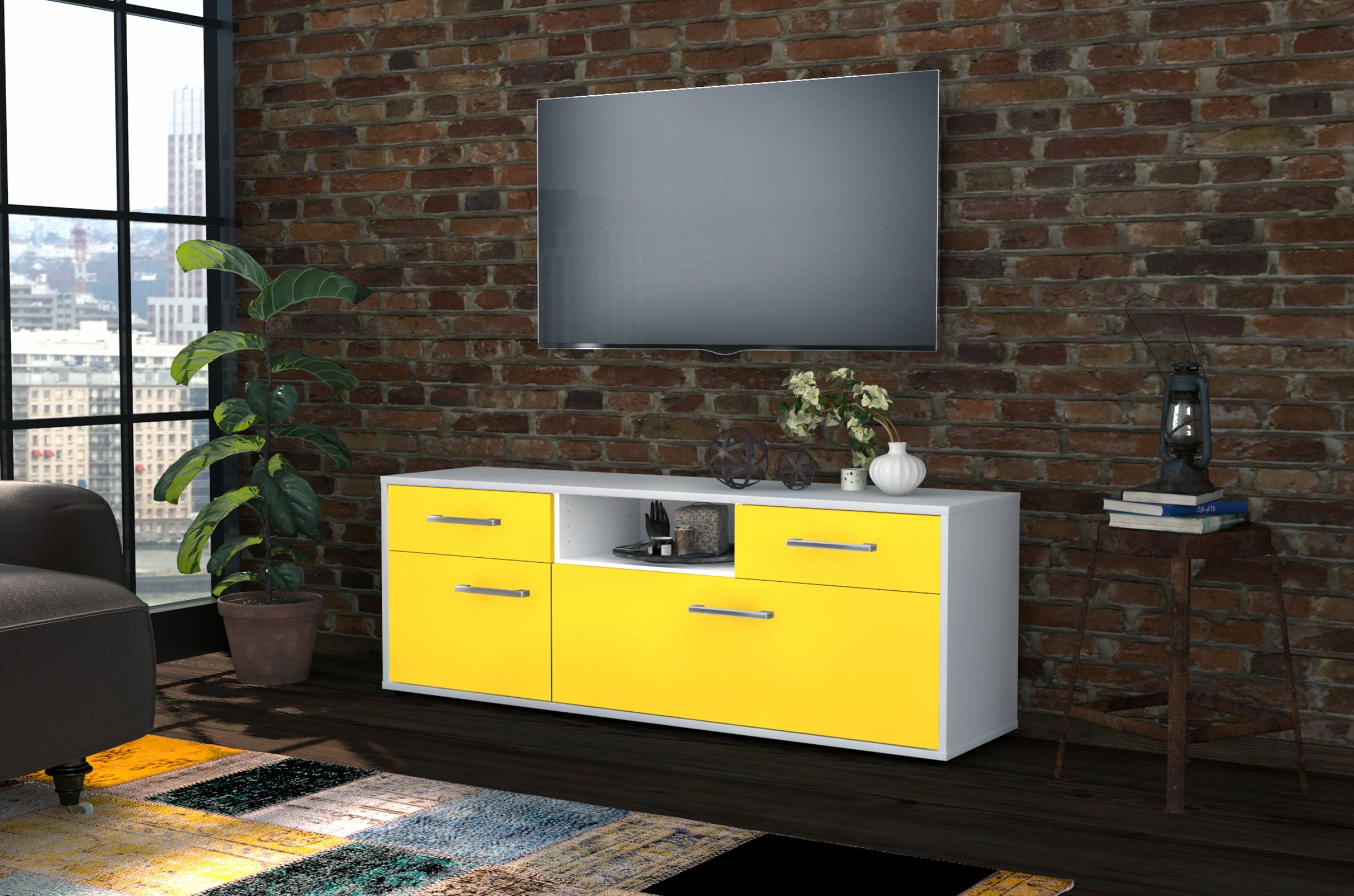 Lowboard - Anita - Design Farbakzent - Freistehend mit Griffe 136 cm Weiss