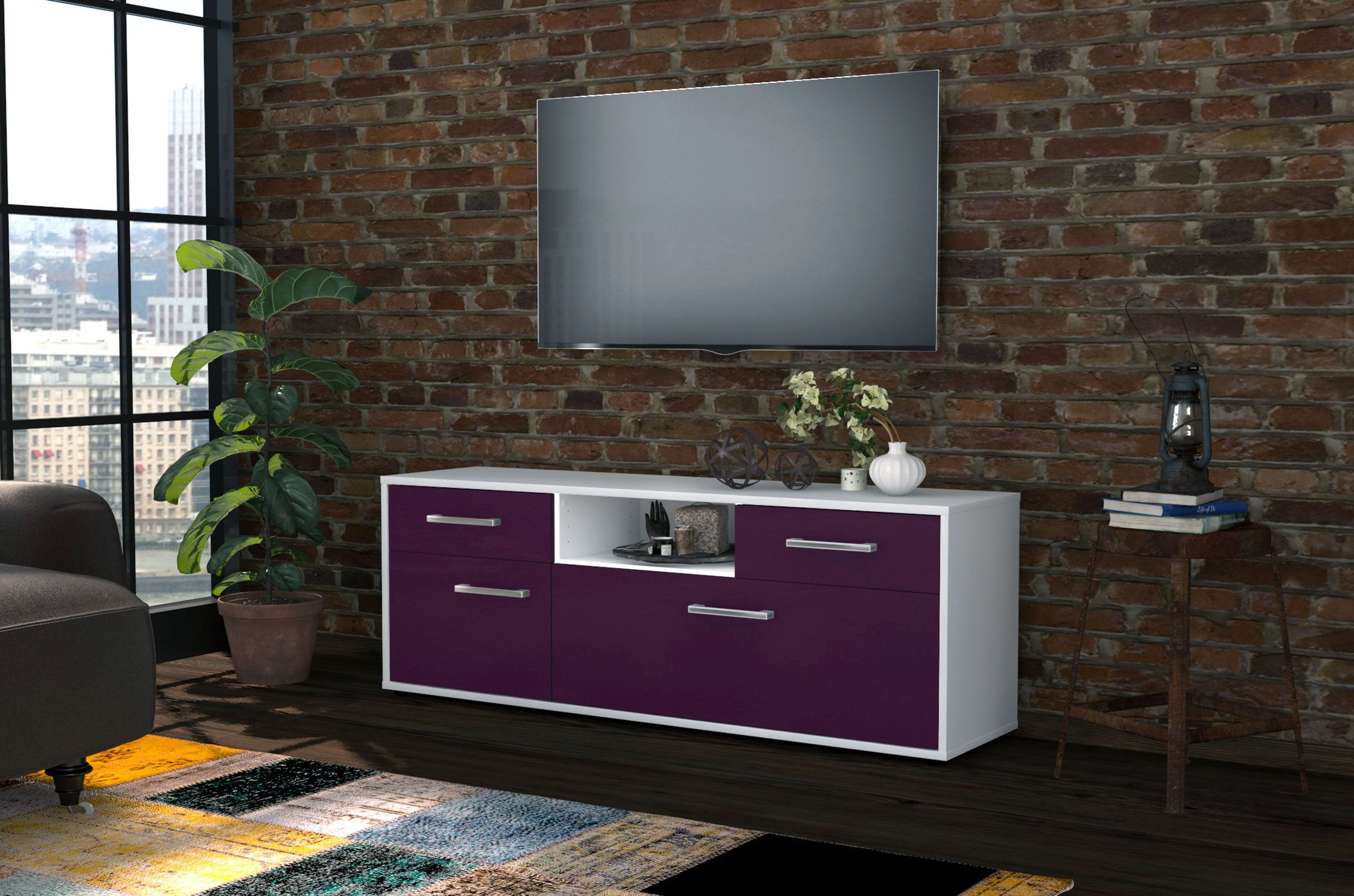 Lowboard - Anita - Design Farbakzent - Freistehend mit Griffe 136 cm Weiss