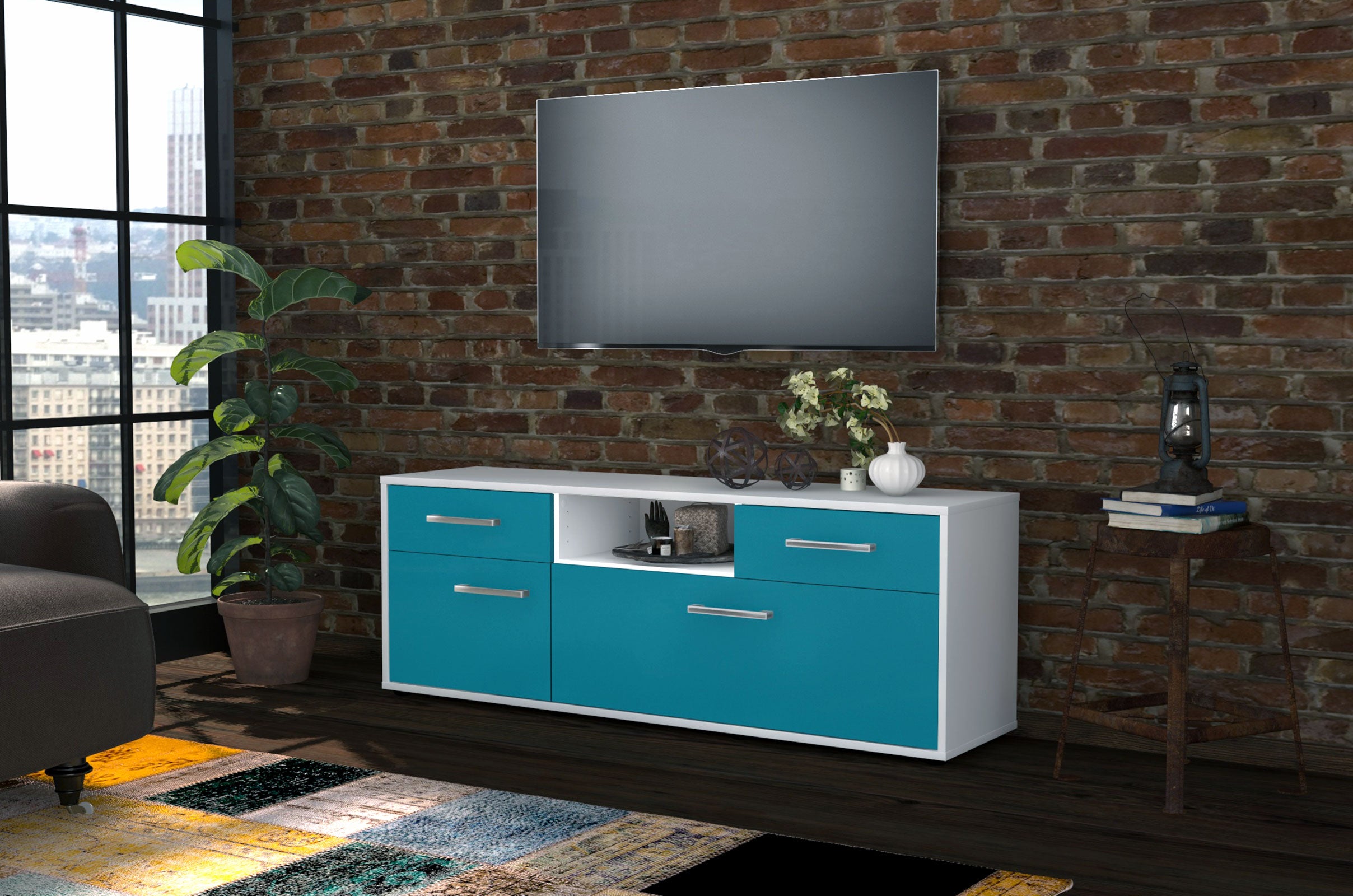Lowboard - Anita - Design Farbakzent - Freistehend mit Griffe 136 cm Weiss