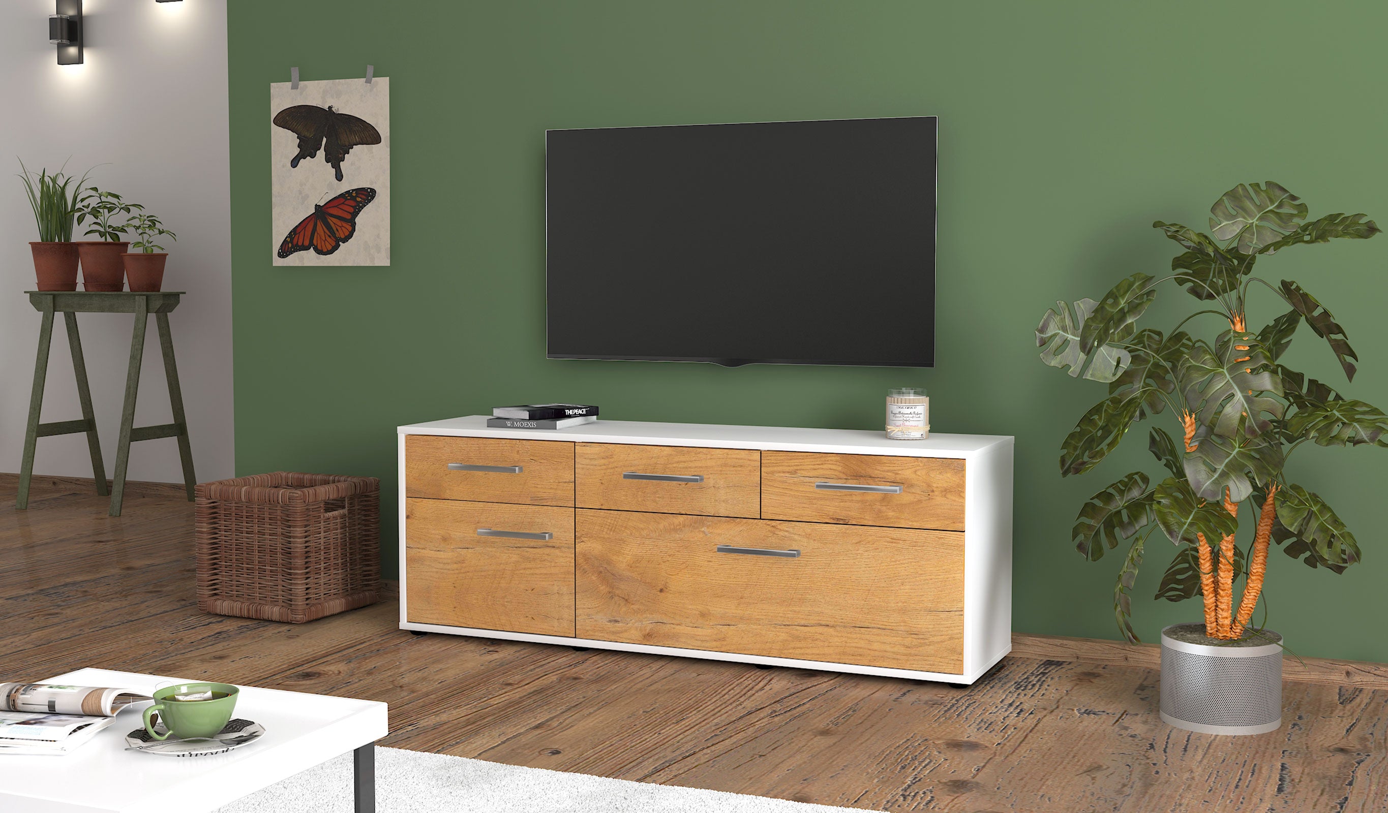 Lowboard - Anjelika - Design Holzdekor - Freistehend mit Griffe 136 cm Weiss