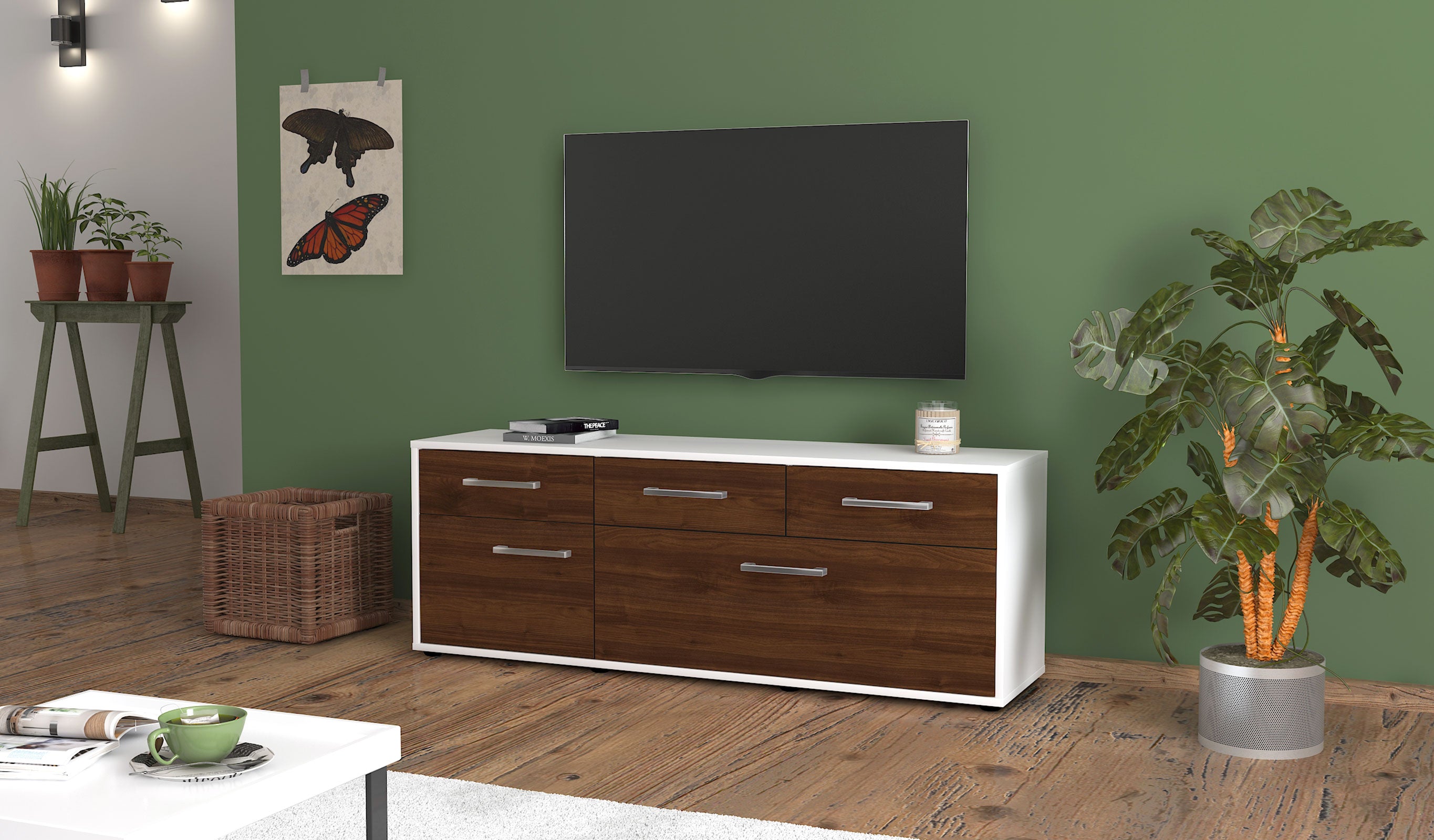 Lowboard - Anjelika - Design Holzdekor - Freistehend mit Griffe 136 cm Weiss