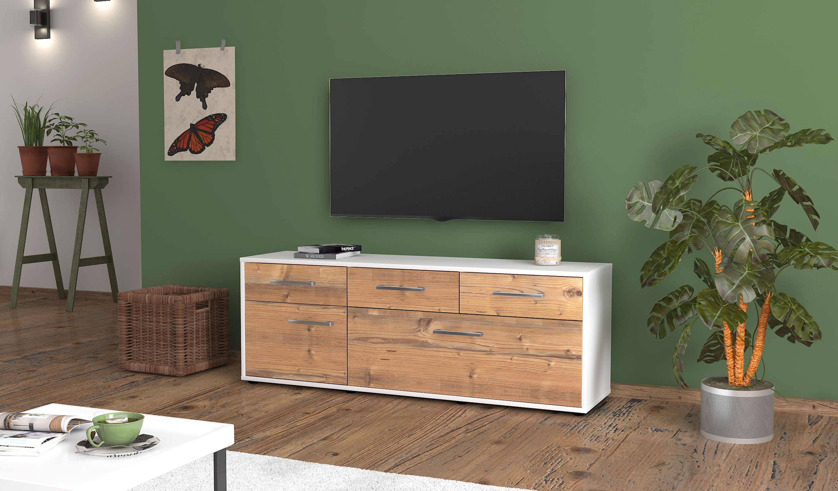 Lowboard - Anjelika - Design Holzdekor - Freistehend mit Griffe 136 cm Weiss