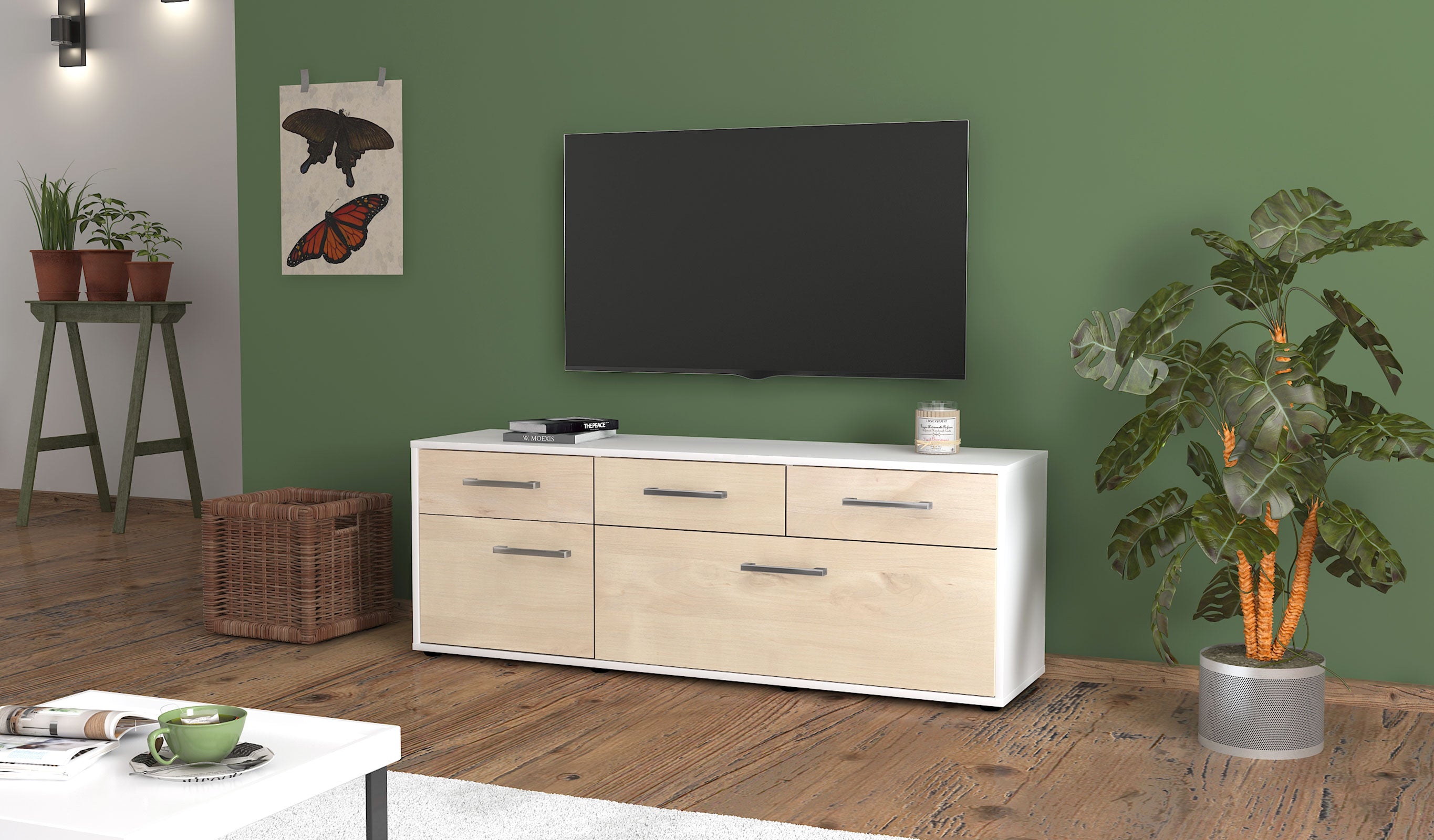Lowboard - Anjelika - Design Holzdekor - Freistehend mit Griffe 136 cm Weiss