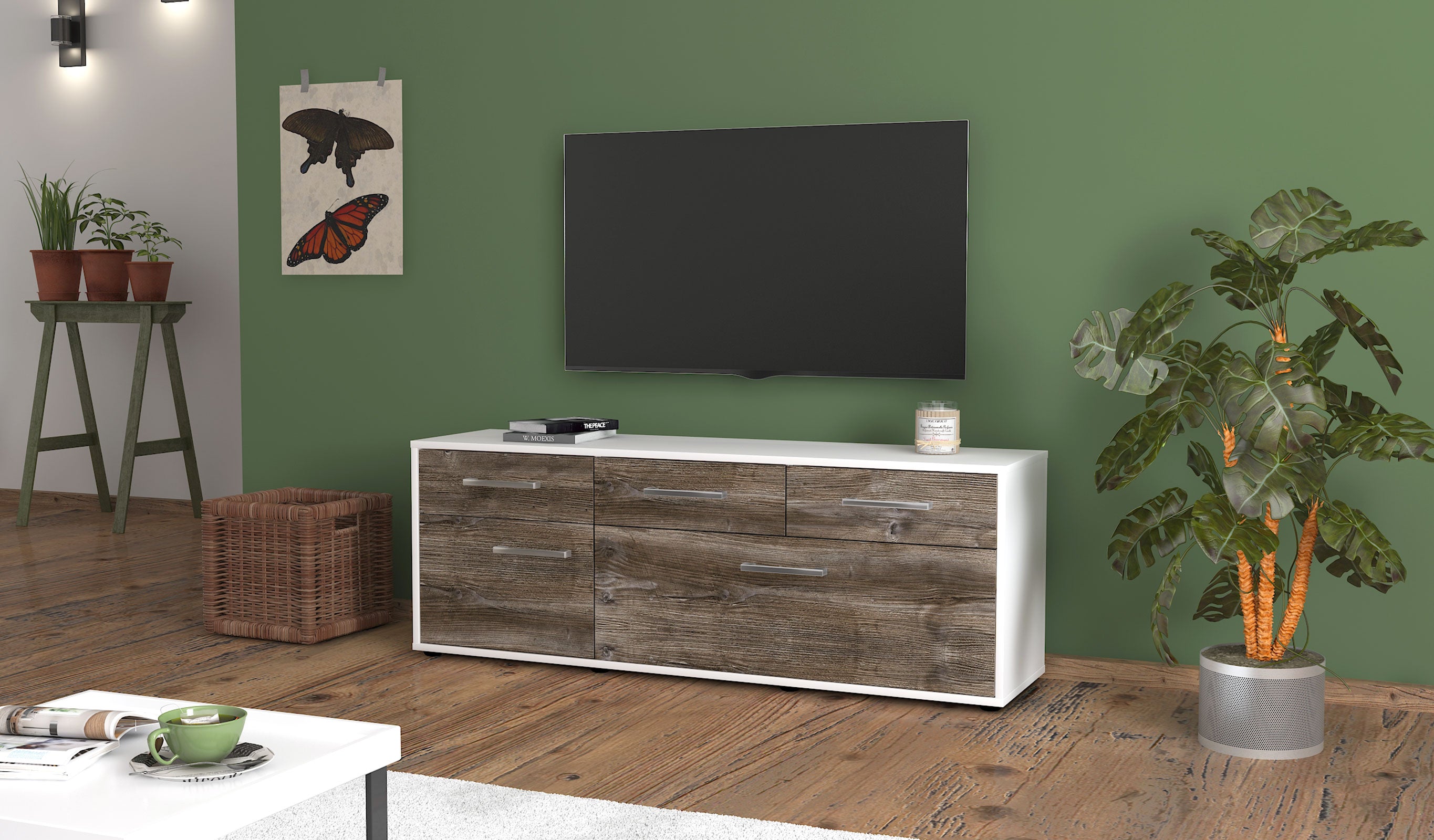Lowboard - Anjelika - Design Holzdekor - Freistehend mit Griffe 136 cm Weiss