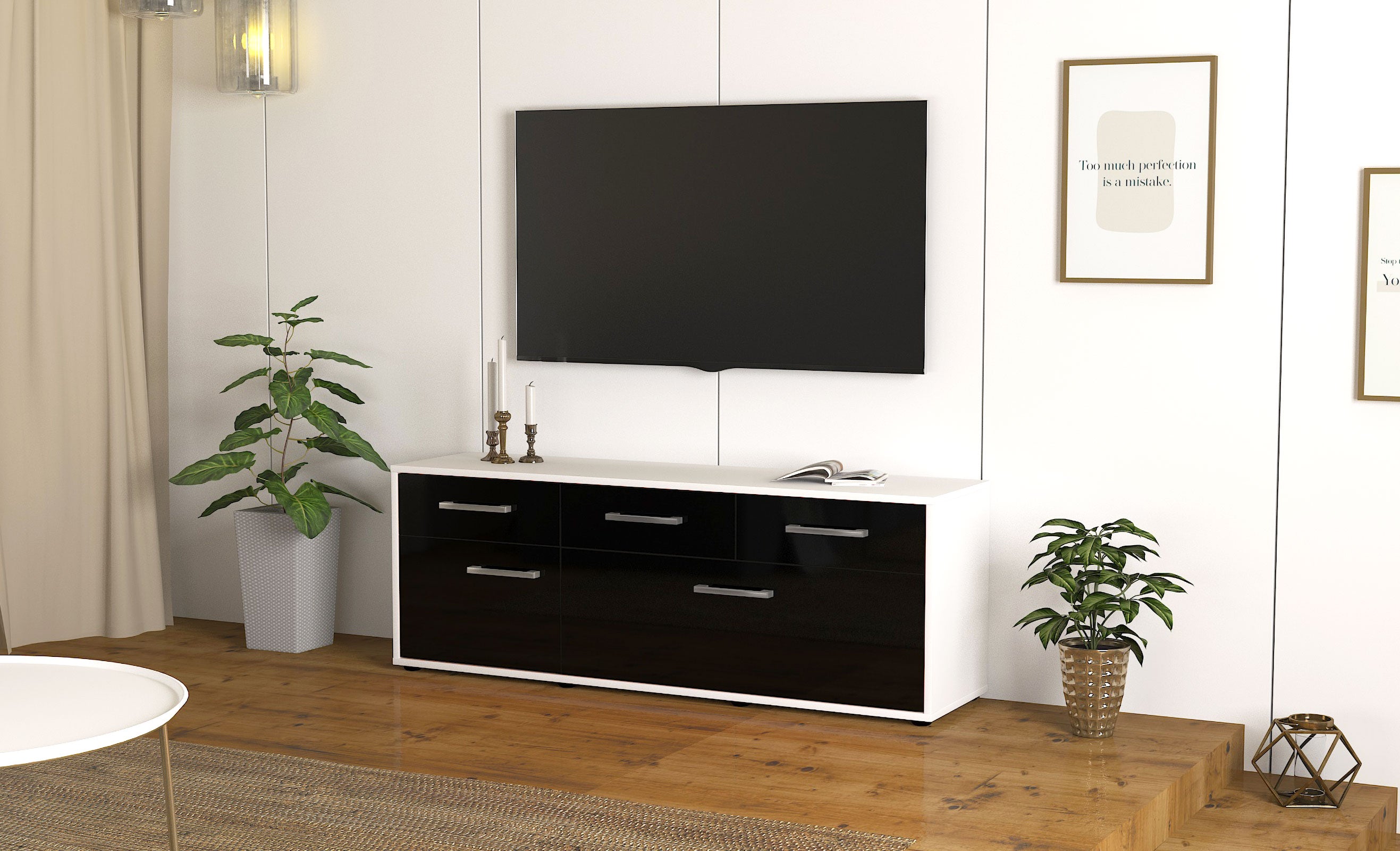 Lowboard - Anjelika - Design Hochglanz - Freistehend mit Griffe 136 cm Weiss