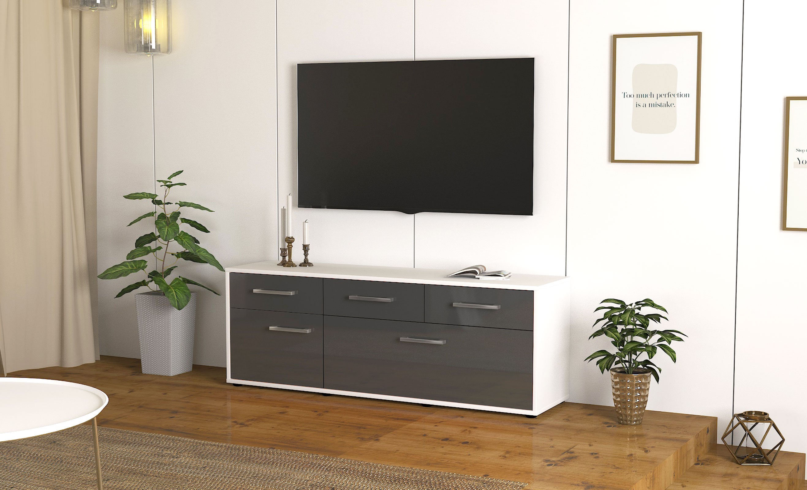 Lowboard - Anjelika - Design Hochglanz - Freistehend mit Griffe 136 cm Weiss