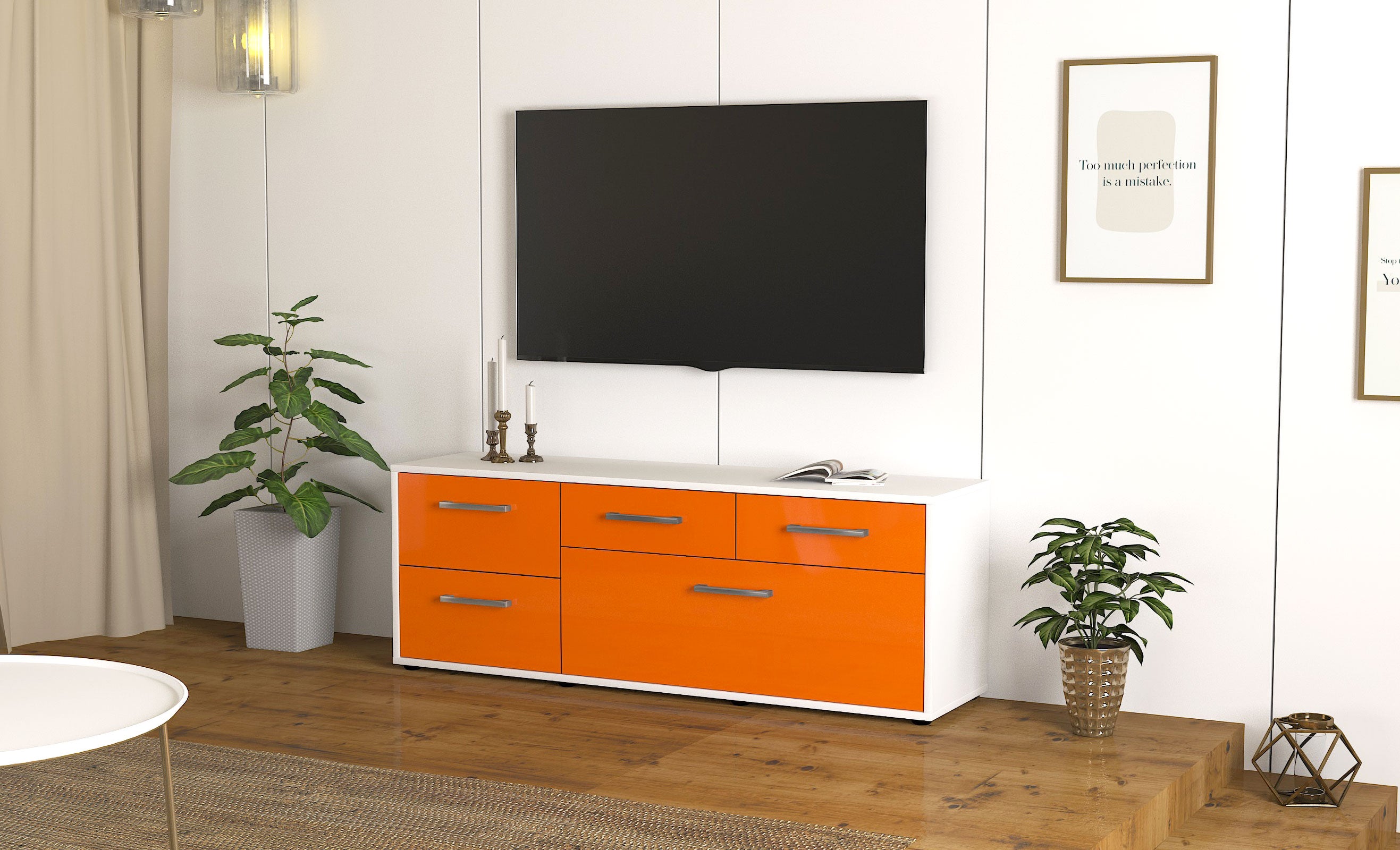 Lowboard - Anna - Design Hochglanz - Freistehend mit Griffe 136 cm Weiss