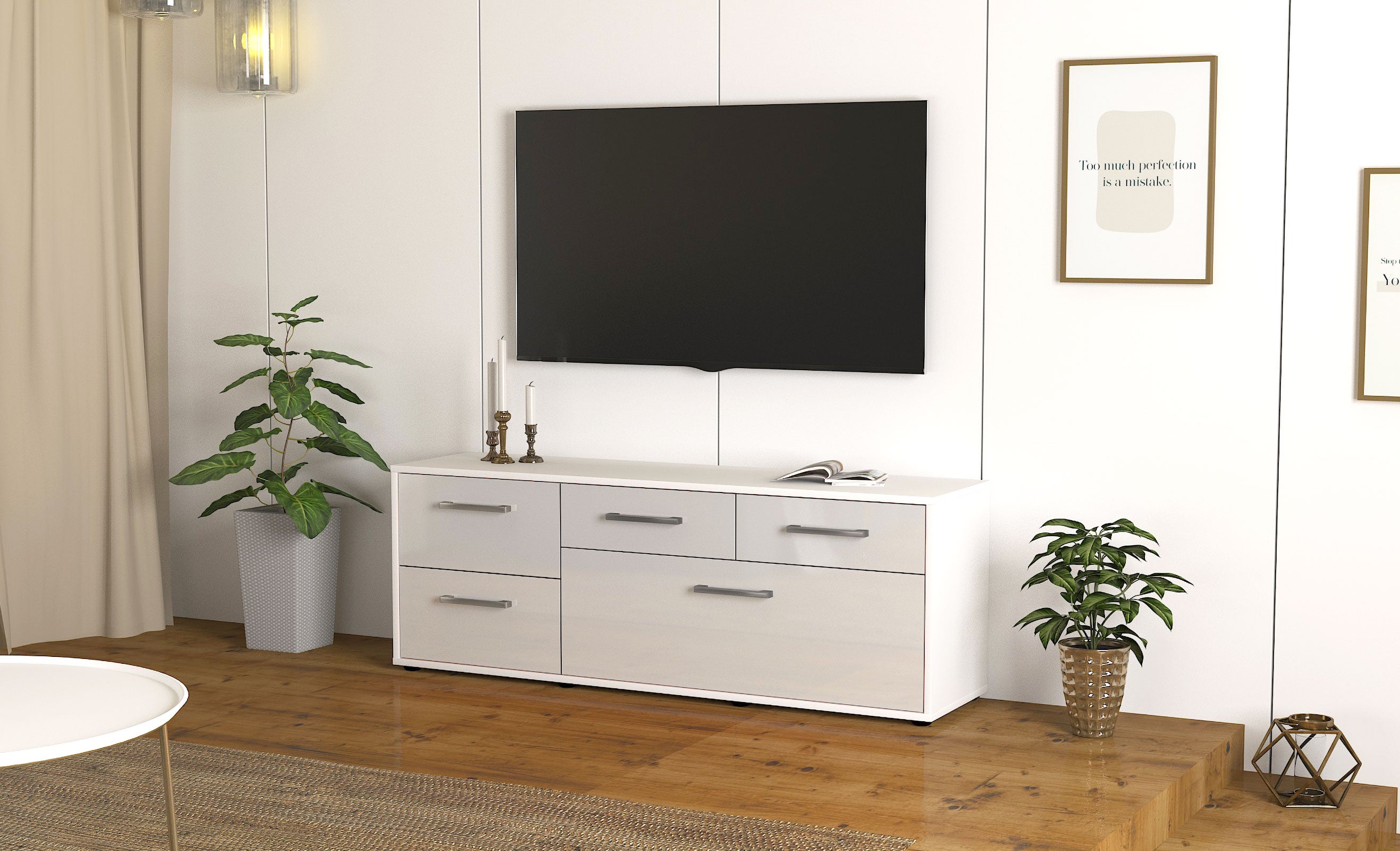 Lowboard - Anna - Design Hochglanz - Freistehend mit Griffe 136 cm Weiss