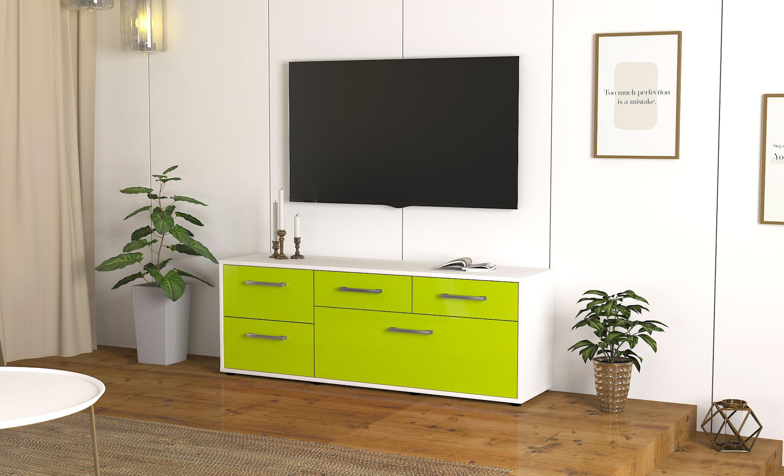 Lowboard - Anna - Design Hochglanz - Freistehend mit Griffe 136 cm Weiss