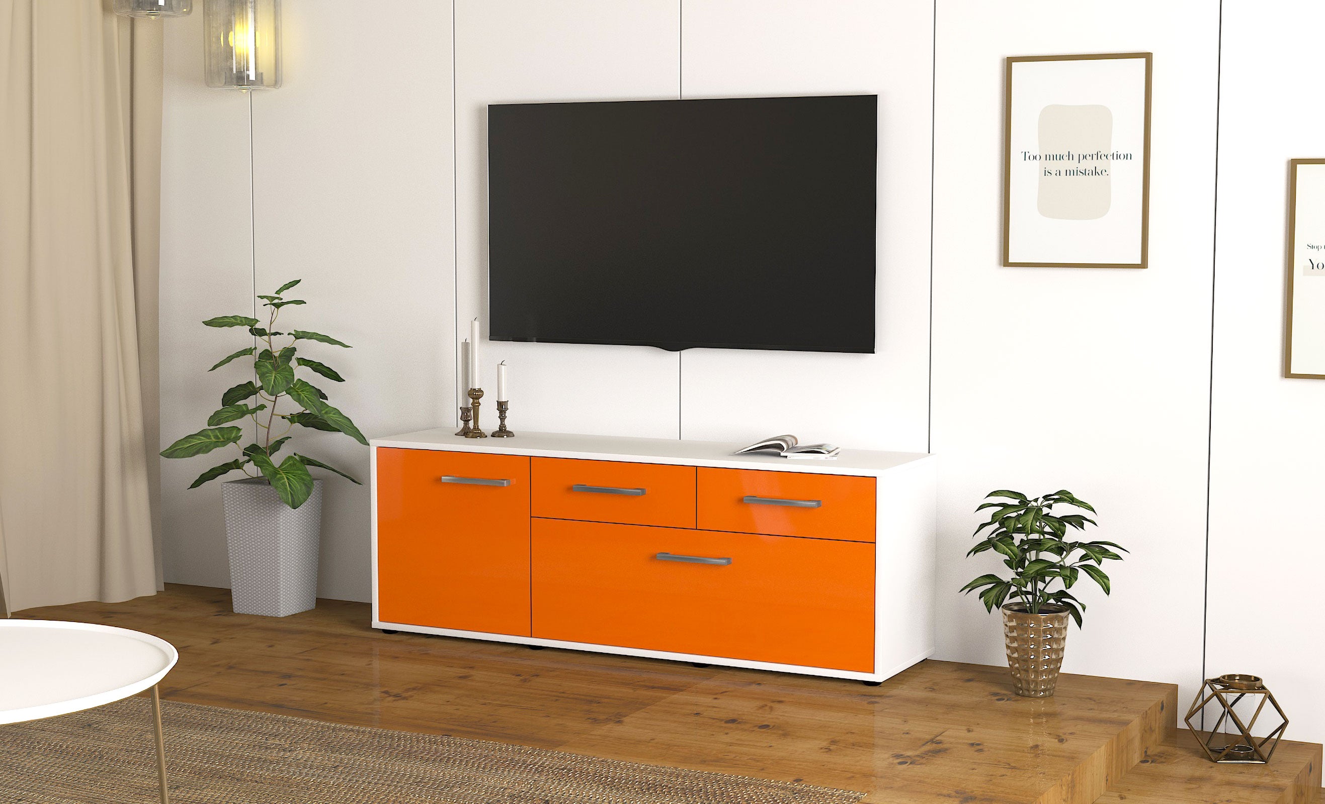Lowboard - Annabell - Design Hochglanz - Freistehend mit Griffe 136 cm Weiss