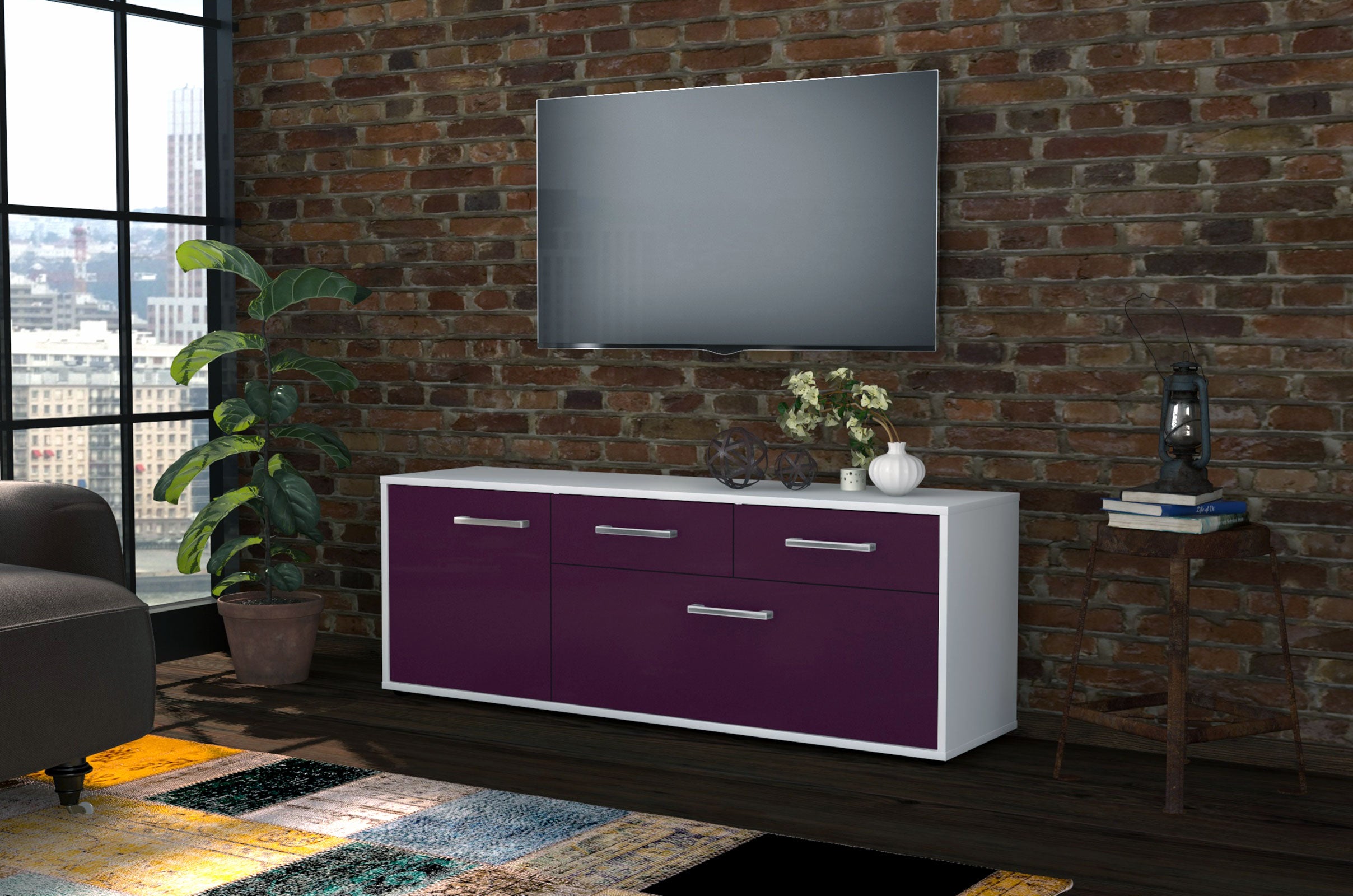 Lowboard - Annabell - Design Farbakzent - Freistehend mit Griffe 136 cm Weiss