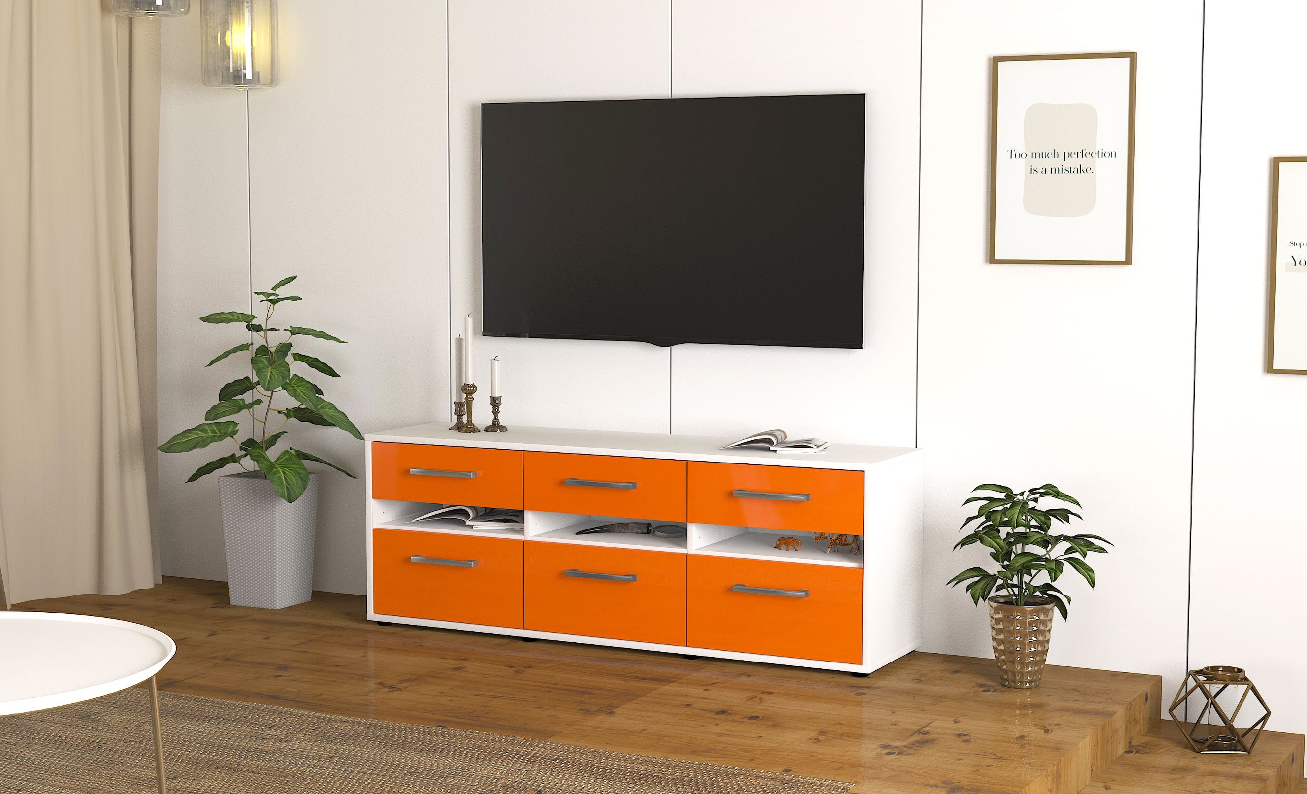 Lowboard - Annalena - Design Hochglanz - Freistehend mit Griffe 136 cm Weiss
