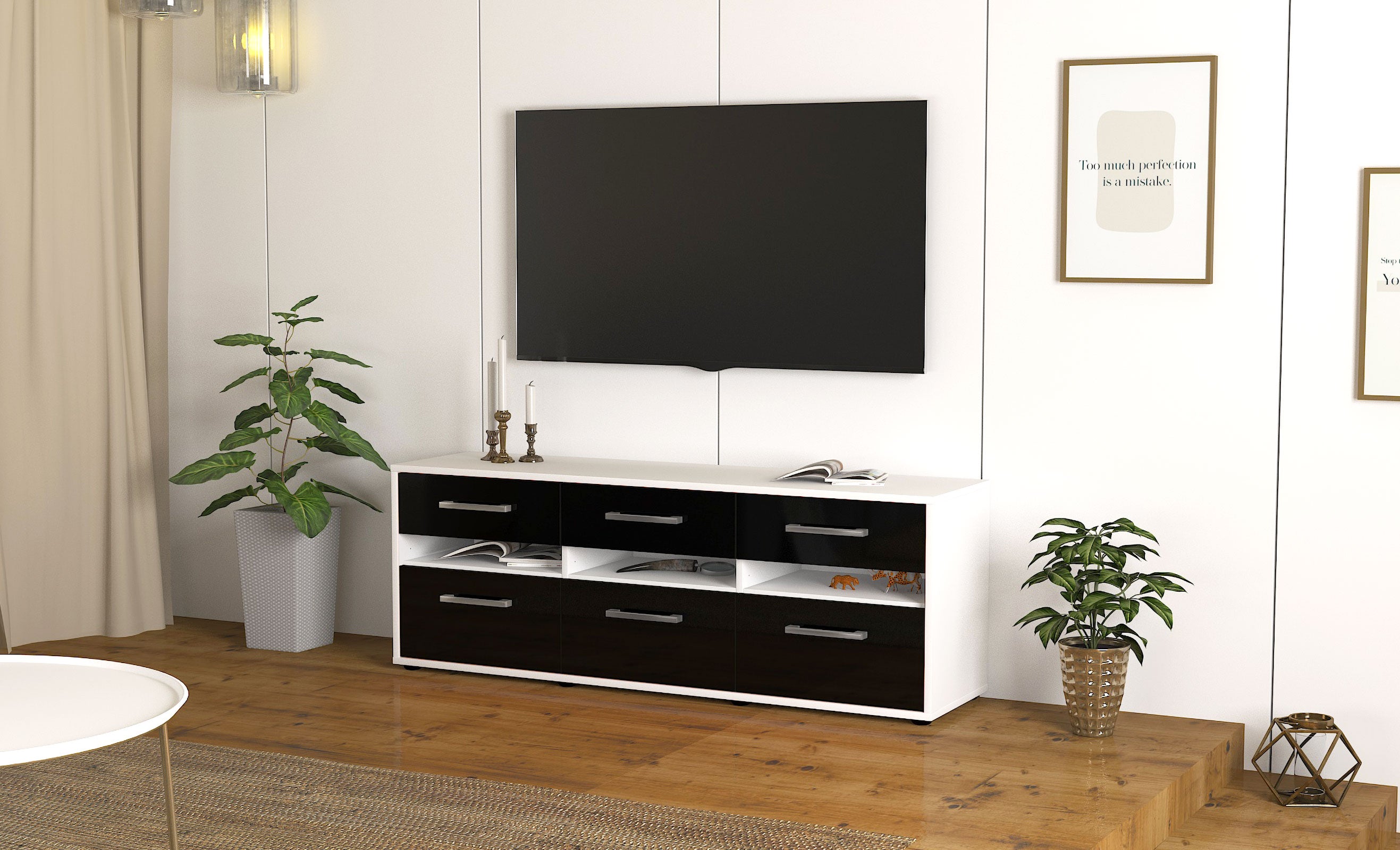 Lowboard - Annalena - Design Hochglanz - Freistehend mit Griffe 136 cm Weiss