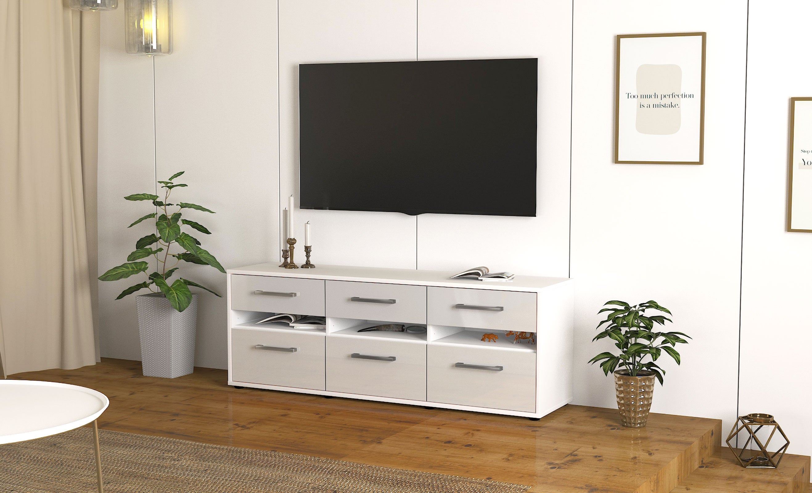 Lowboard - Annalena - Design Hochglanz - Freistehend mit Griffe 136 cm Weiss