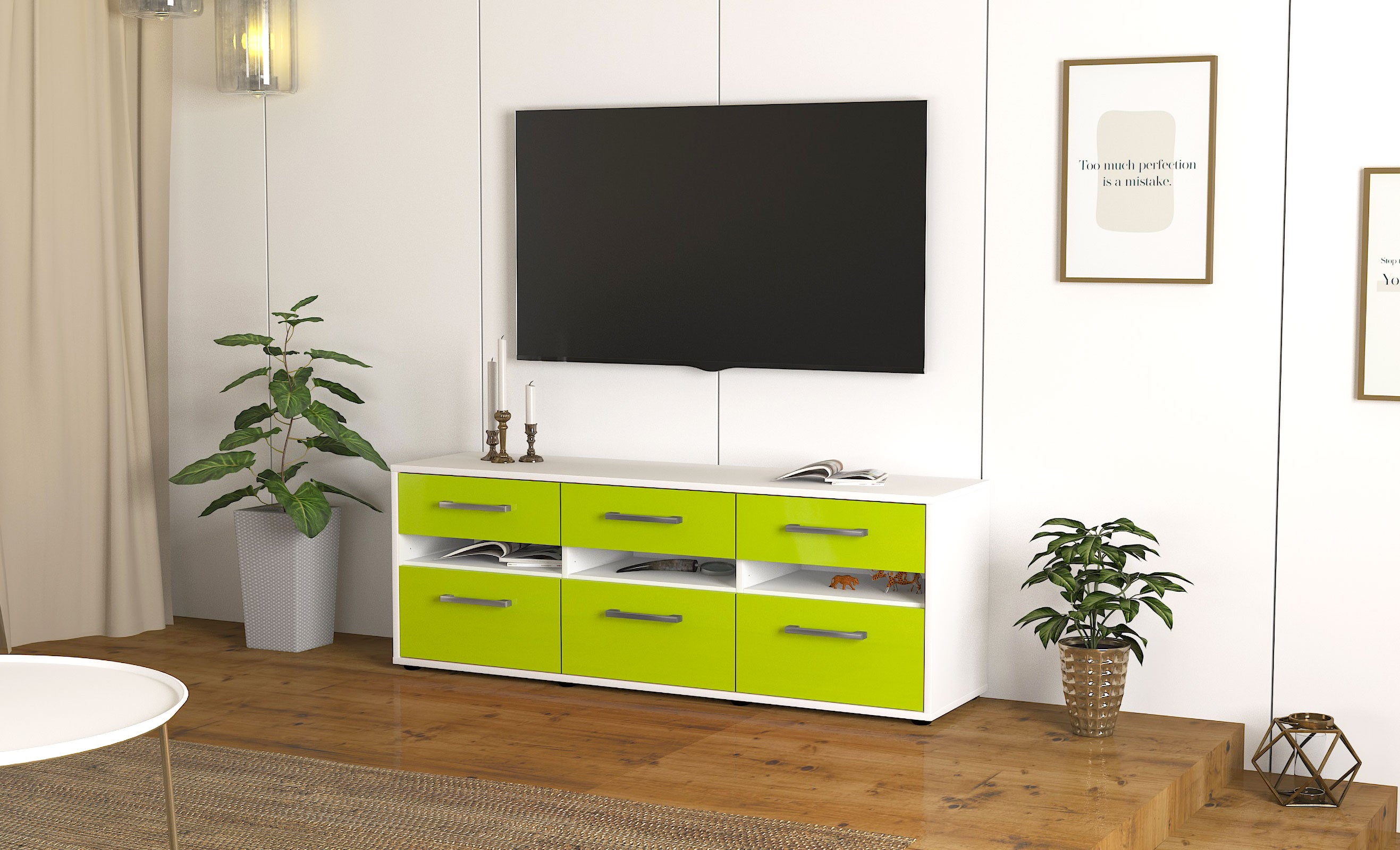 Lowboard - Annalena - Design Hochglanz - Freistehend mit Griffe 136 cm Weiss