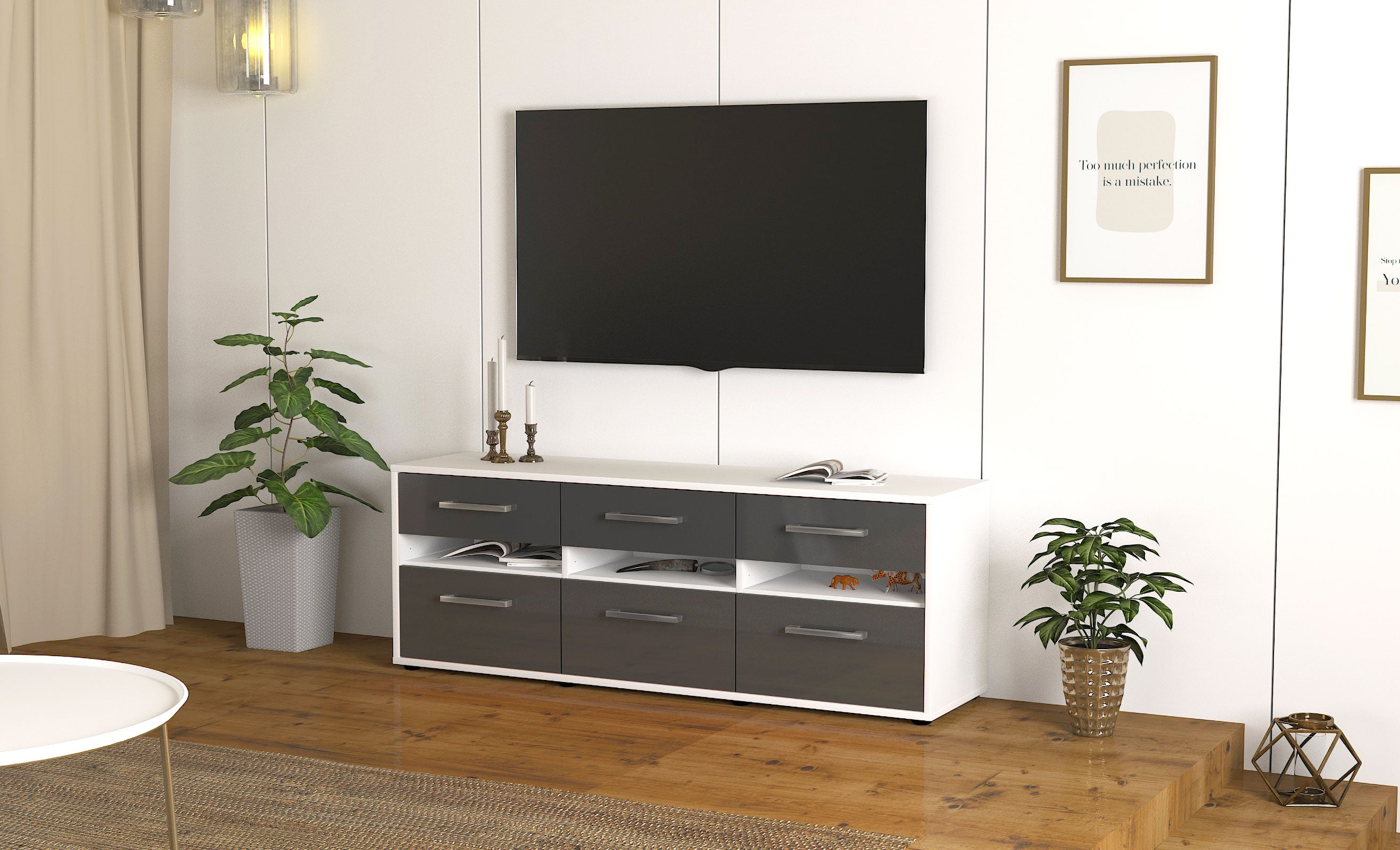 Lowboard - Annalena - Design Hochglanz - Freistehend mit Griffe 136 cm Weiss