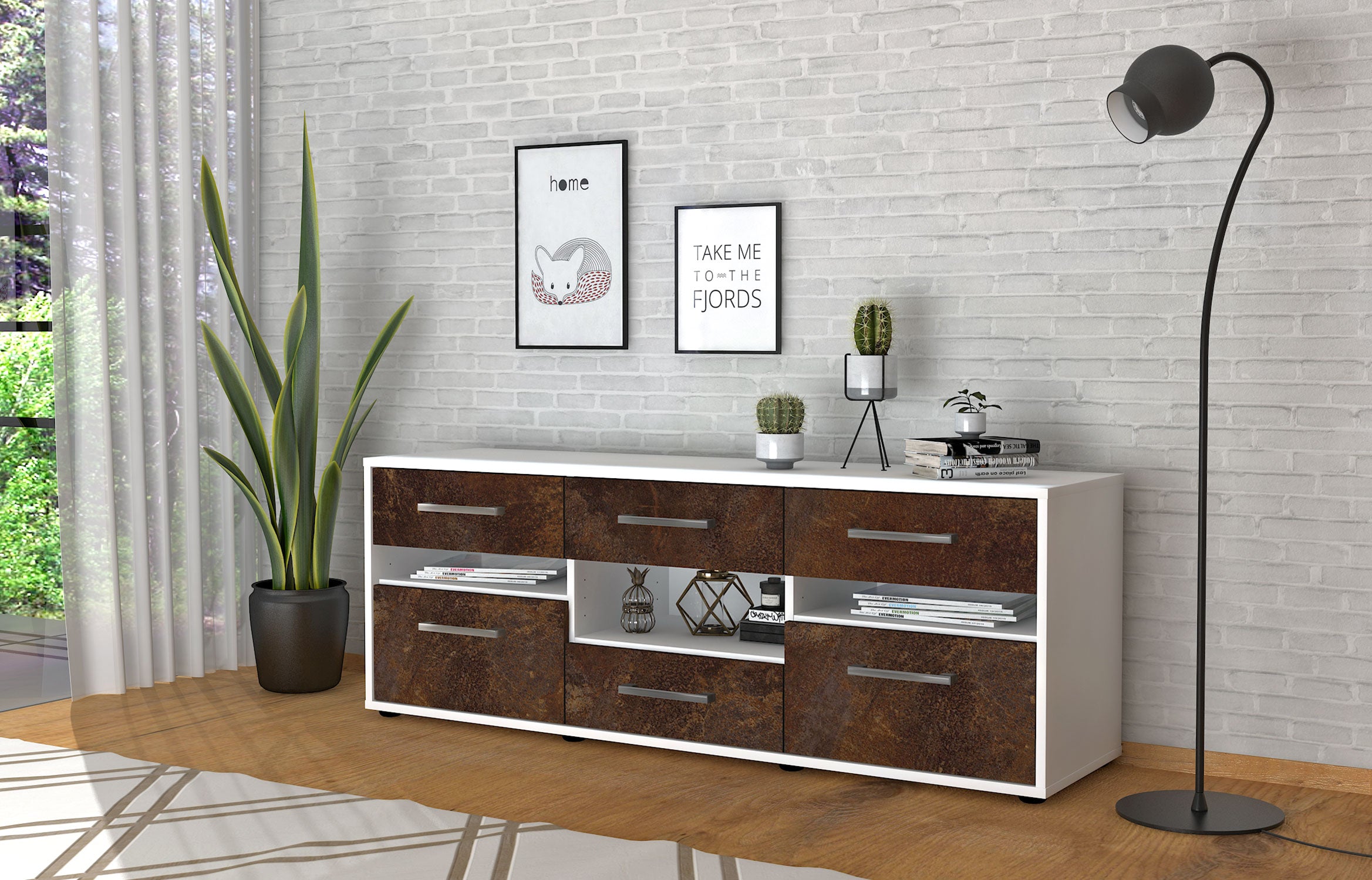 Lowboard - Annamaria - Design Industrie Stil - Freistehend mit Griffe 136 cm Weiss