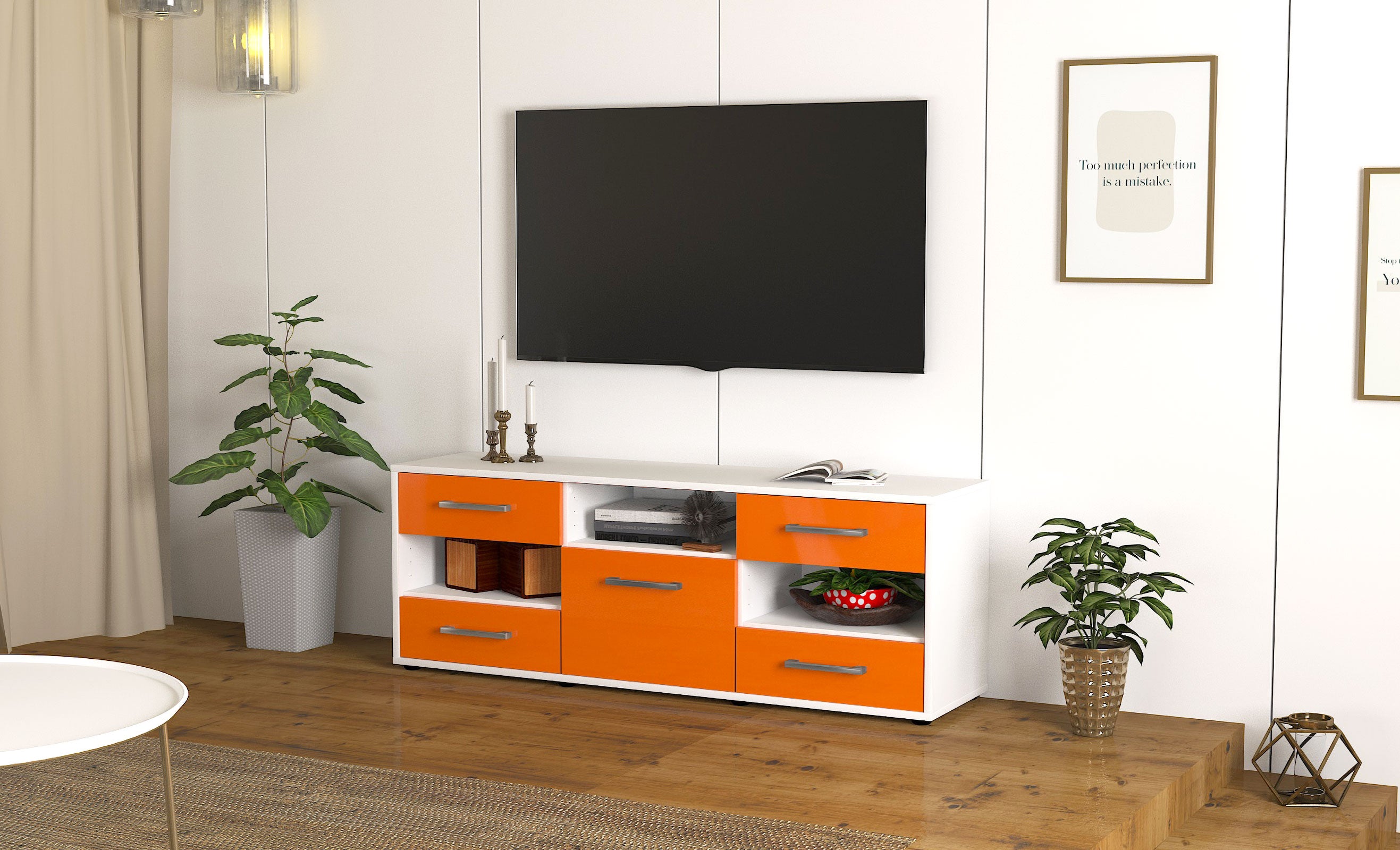 Lowboard - Annina - Design Hochglanz - Freistehend mit Griffe 136 cm Weiss