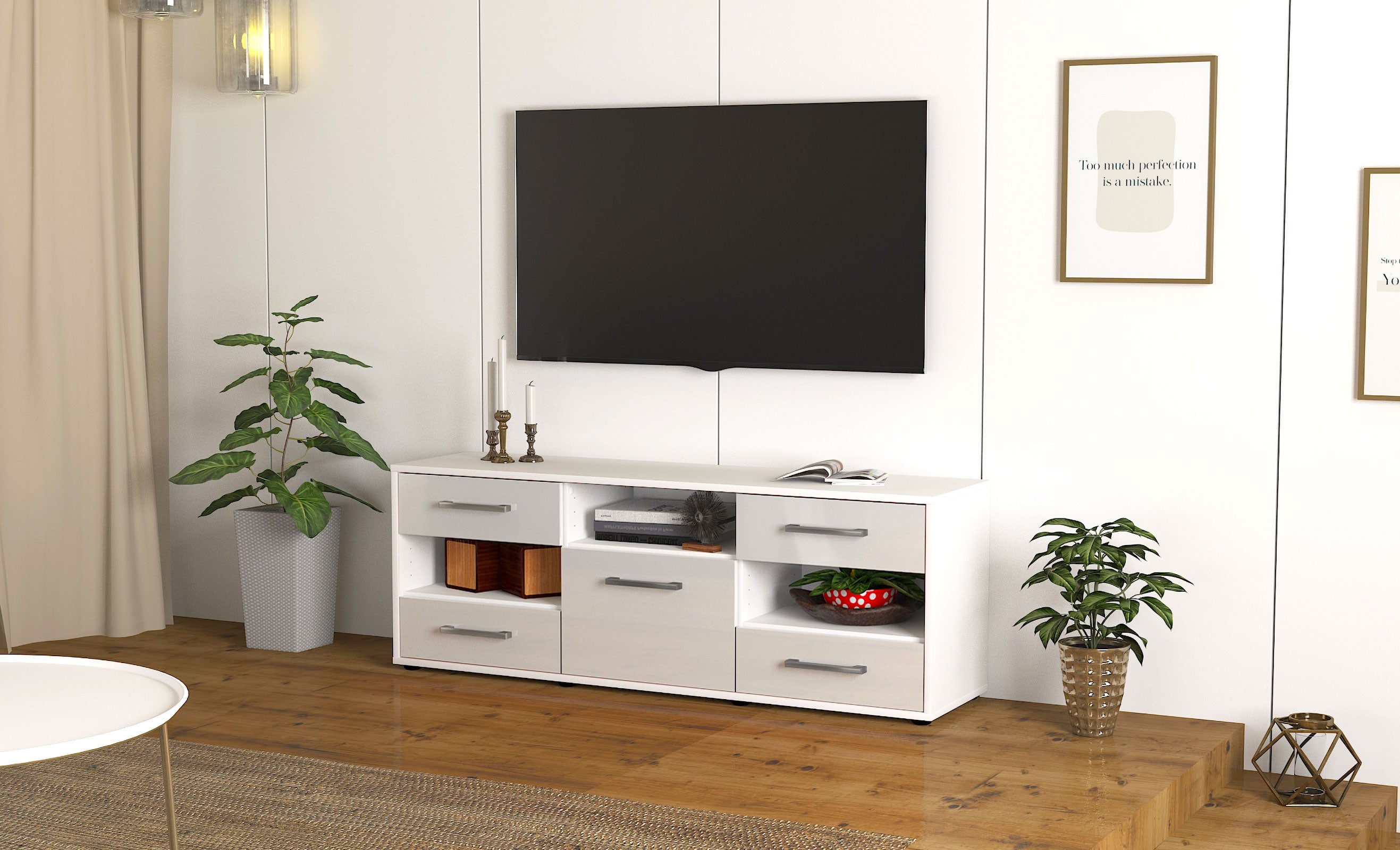 Lowboard - Annina - Design Hochglanz - Freistehend mit Griffe 136 cm Weiss