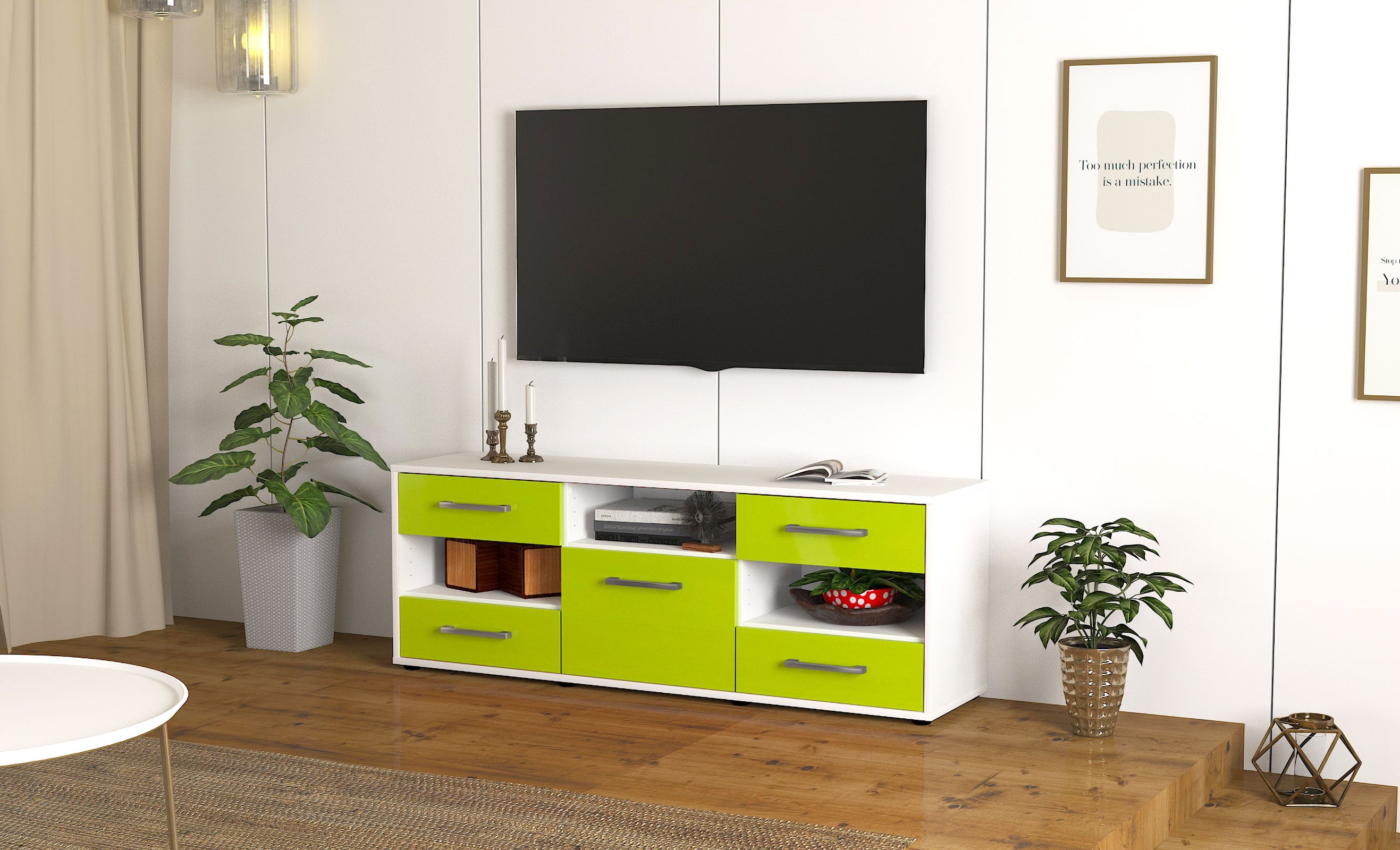 Lowboard - Annina - Design Hochglanz - Freistehend mit Griffe 136 cm Weiss