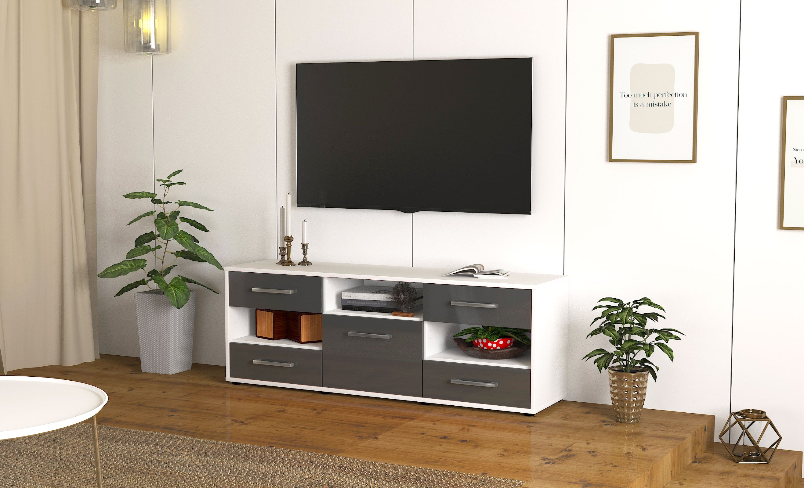 Lowboard - Annina - Design Hochglanz - Freistehend mit Griffe 136 cm Weiss