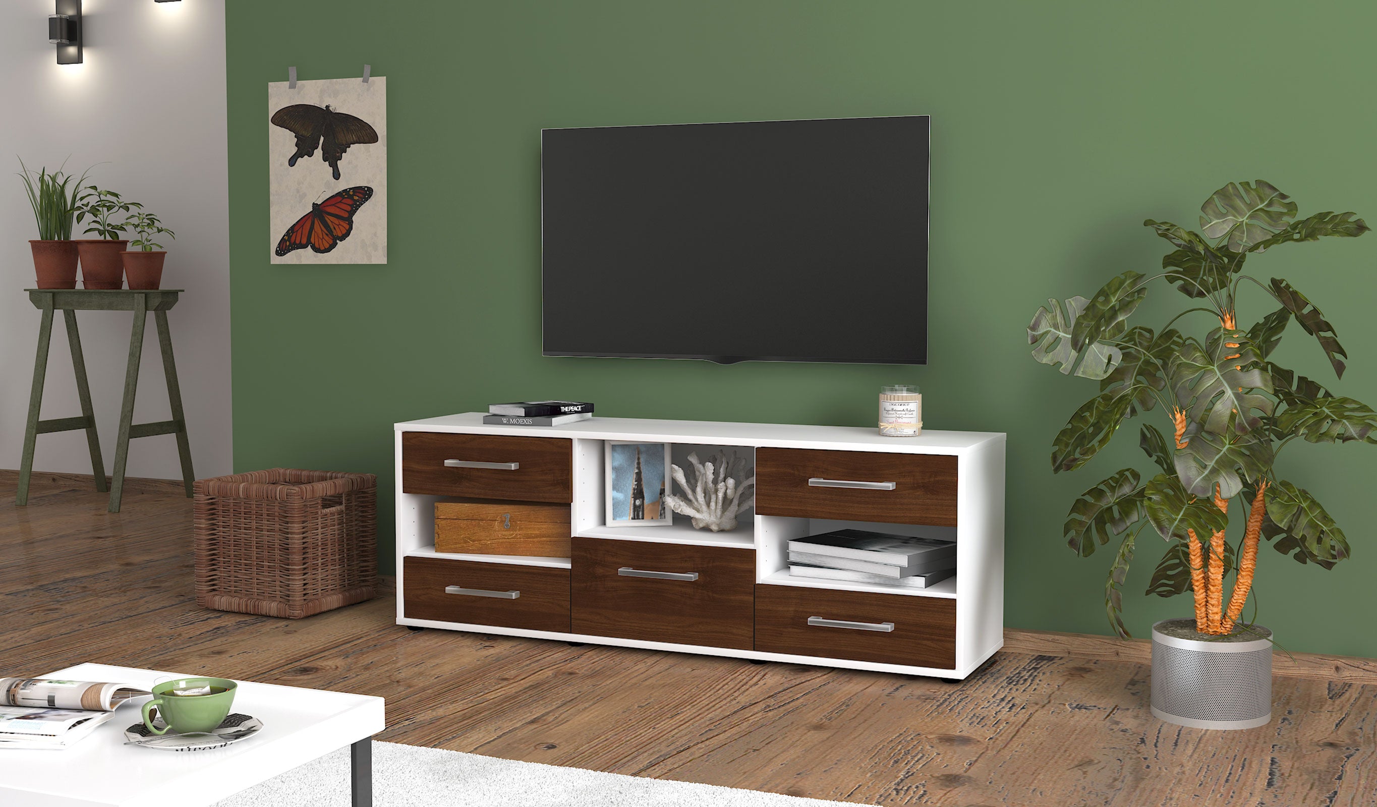Lowboard - Annunziata - Design Holzdekor - Freistehend mit Griffe 136 cm Weiss