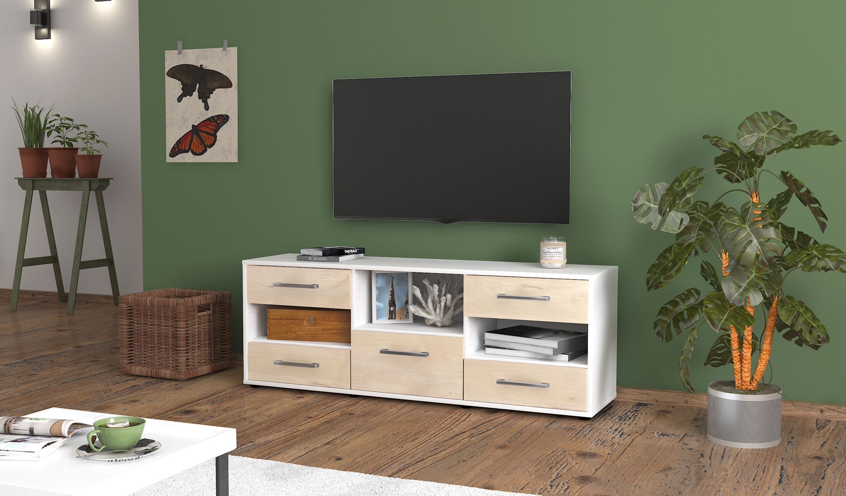 Lowboard - Annunziata - Design Holzdekor - Freistehend mit Griffe 136 cm Weiss