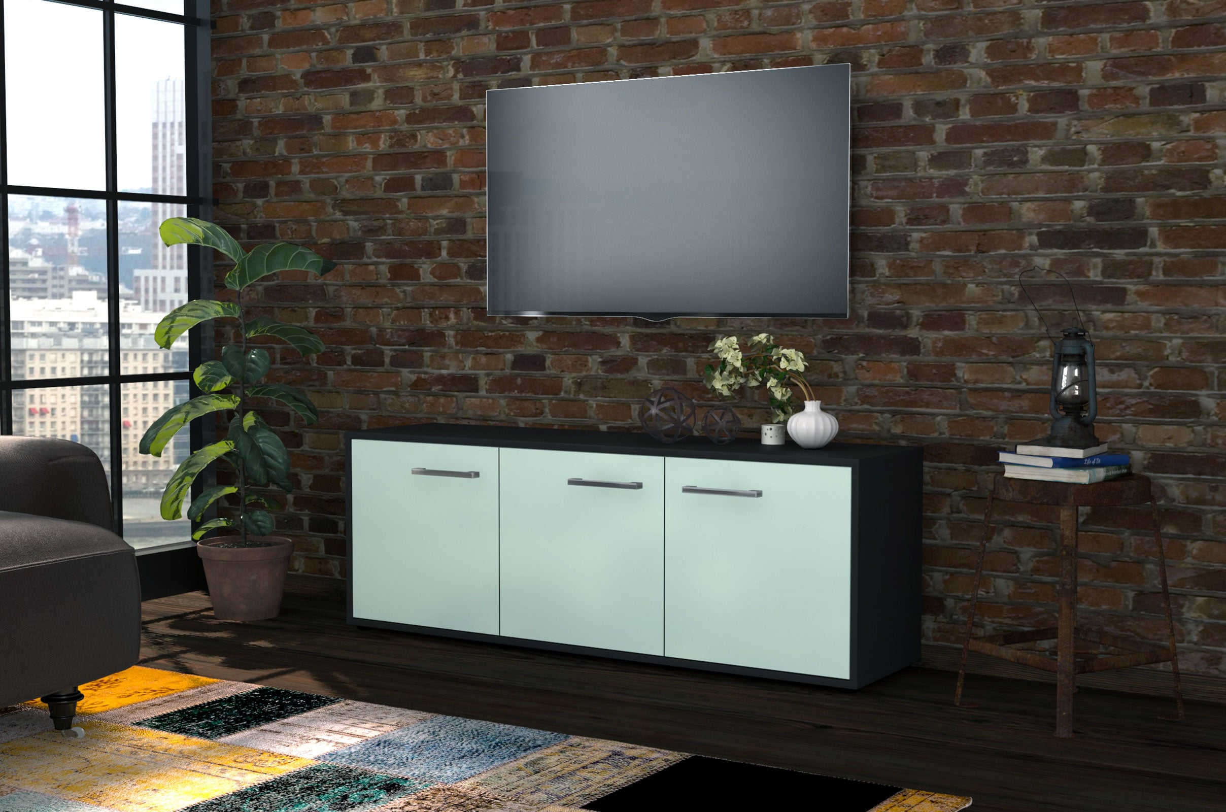 Lowboard - Allegra - Design Farbakzent - Freistehend mit Griffe 136 cm Anthrazit