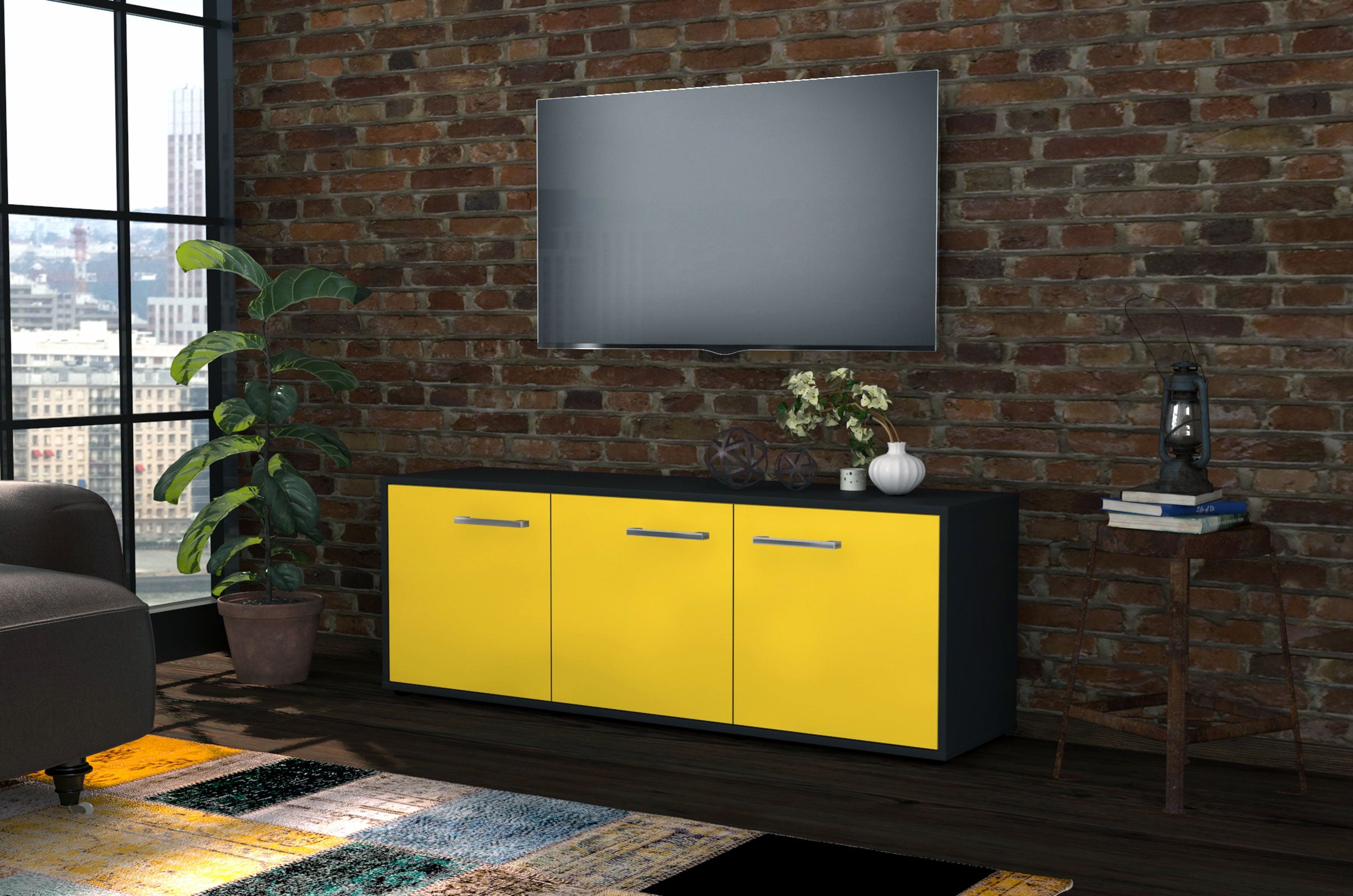 Lowboard - Allegra - Design Farbakzent - Freistehend mit Griffe 136 cm Anthrazit