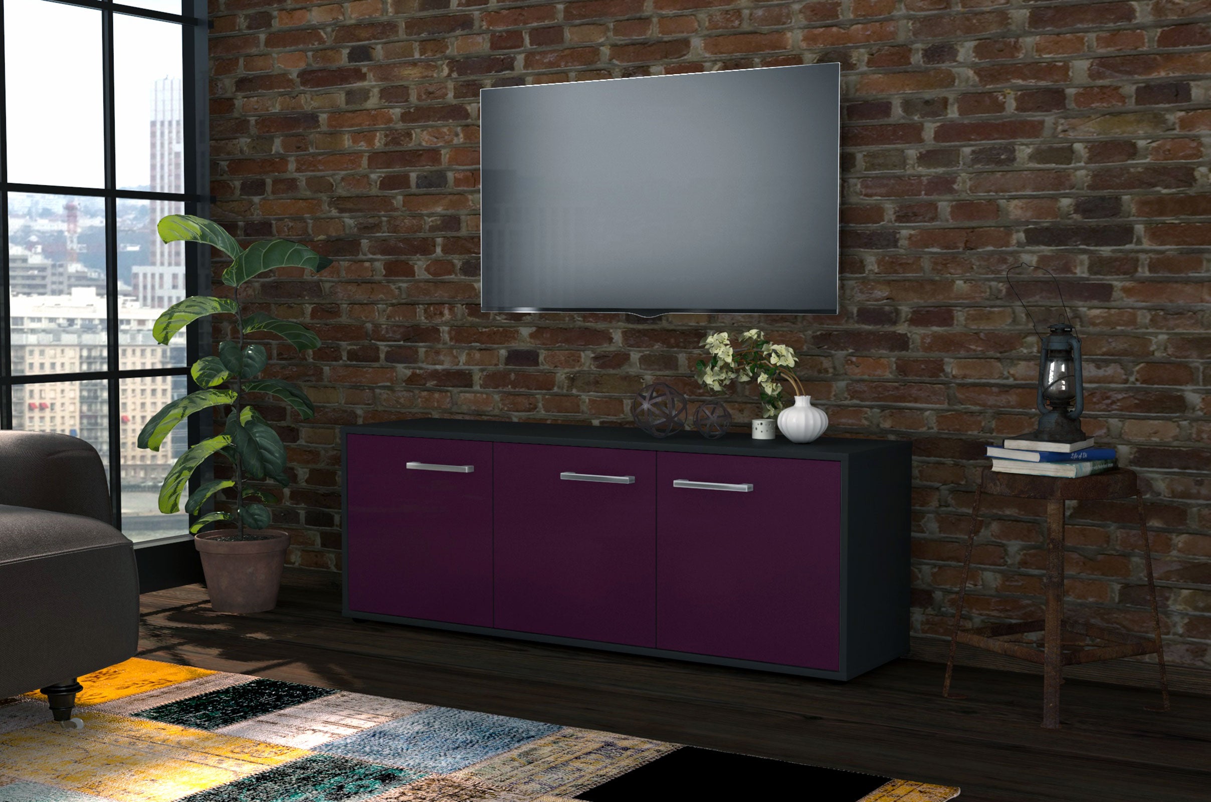 Lowboard - Allegra - Design Farbakzent - Freistehend mit Griffe 136 cm Anthrazit