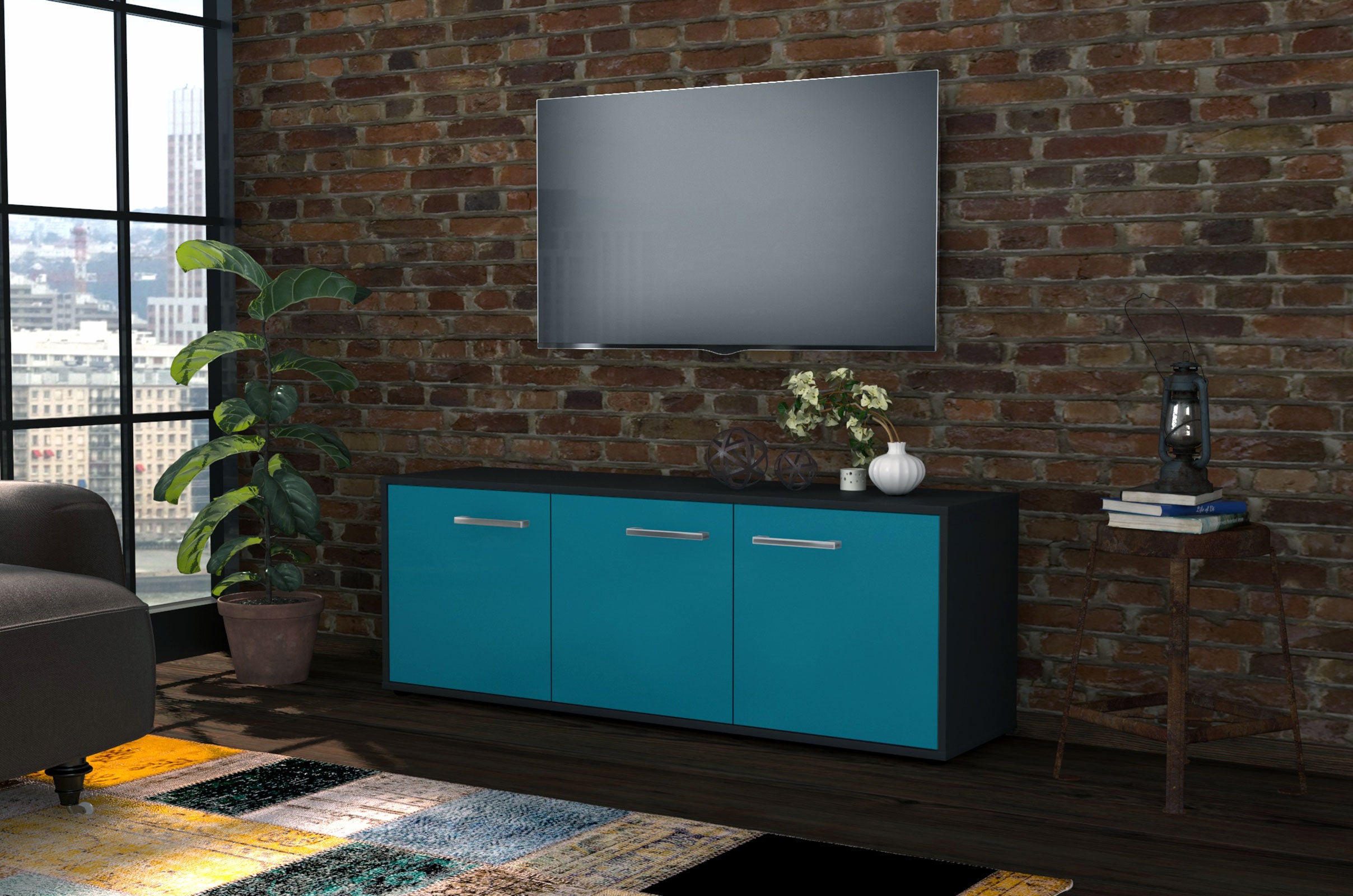 Lowboard - Allegra - Design Farbakzent - Freistehend mit Griffe 136 cm Anthrazit
