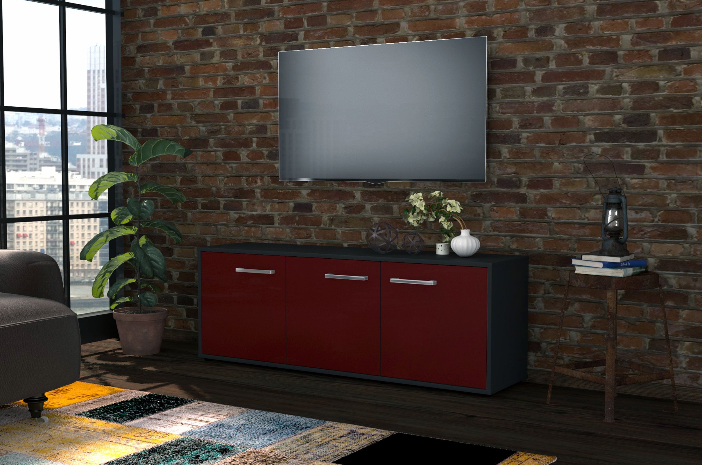 Lowboard - Allegra - Design Farbakzent - Freistehend mit Griffe 136 cm Anthrazit