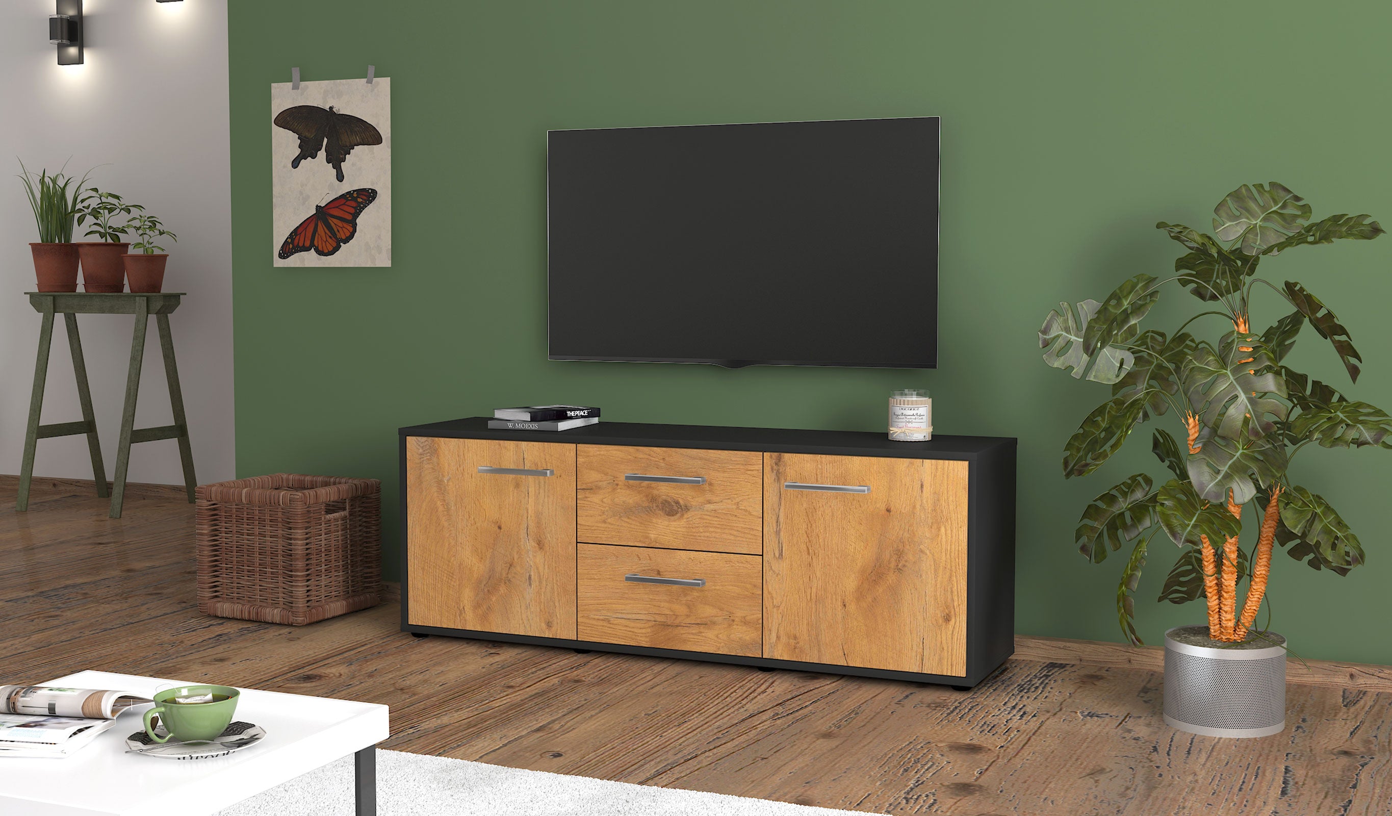 Lowboard - Alma - Design Holzdekor - Freistehend mit Griffe 136 cm Anthrazit