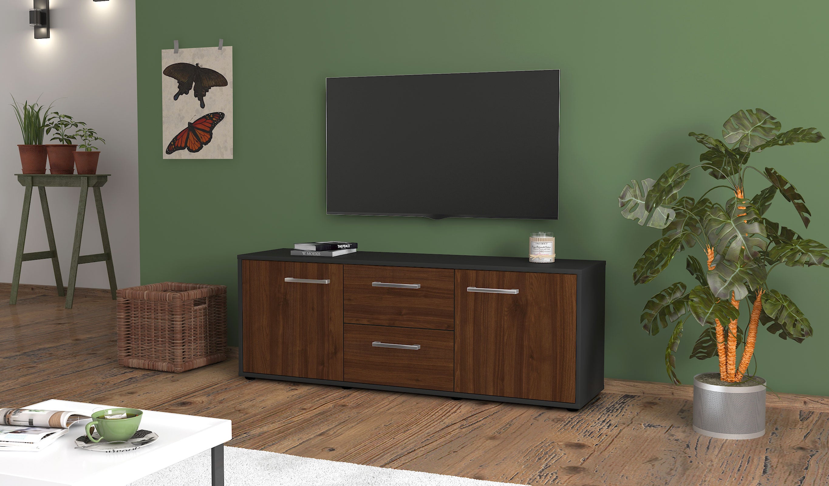 Lowboard - Alma - Design Holzdekor - Freistehend mit Griffe 136 cm Anthrazit