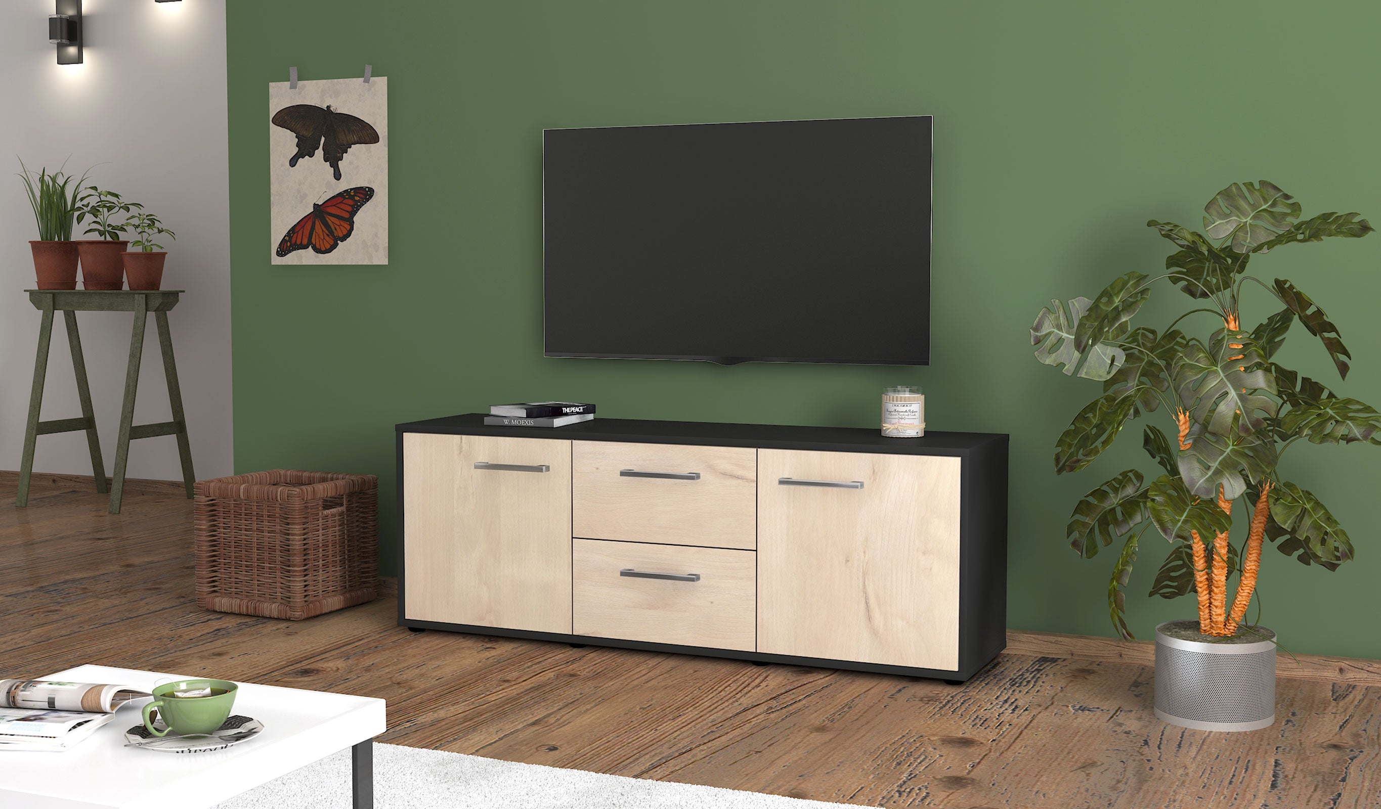 Lowboard - Alma - Design Holzdekor - Freistehend mit Griffe 136 cm Anthrazit