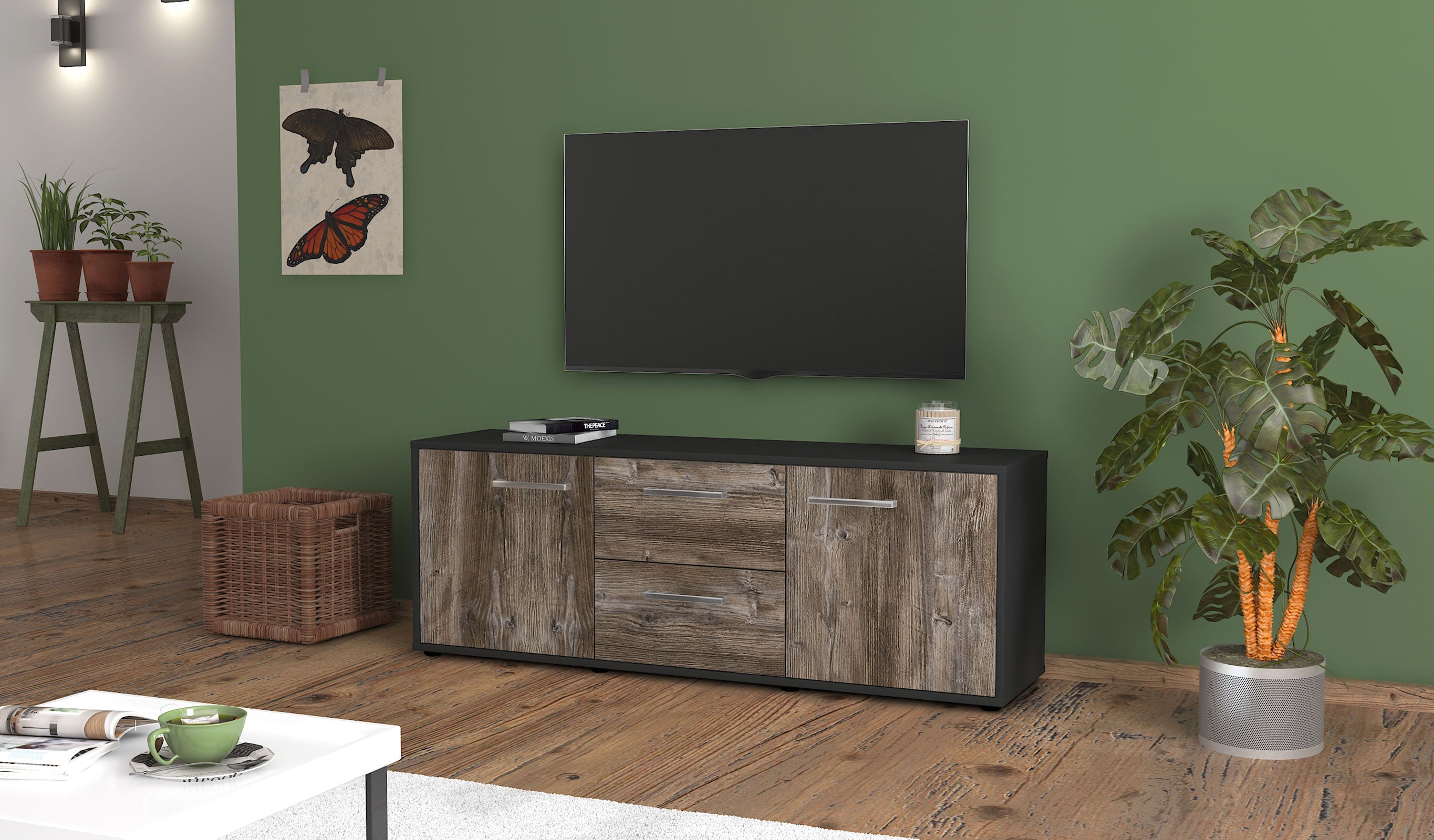 Lowboard - Alma - Design Holzdekor - Freistehend mit Griffe 136 cm Anthrazit