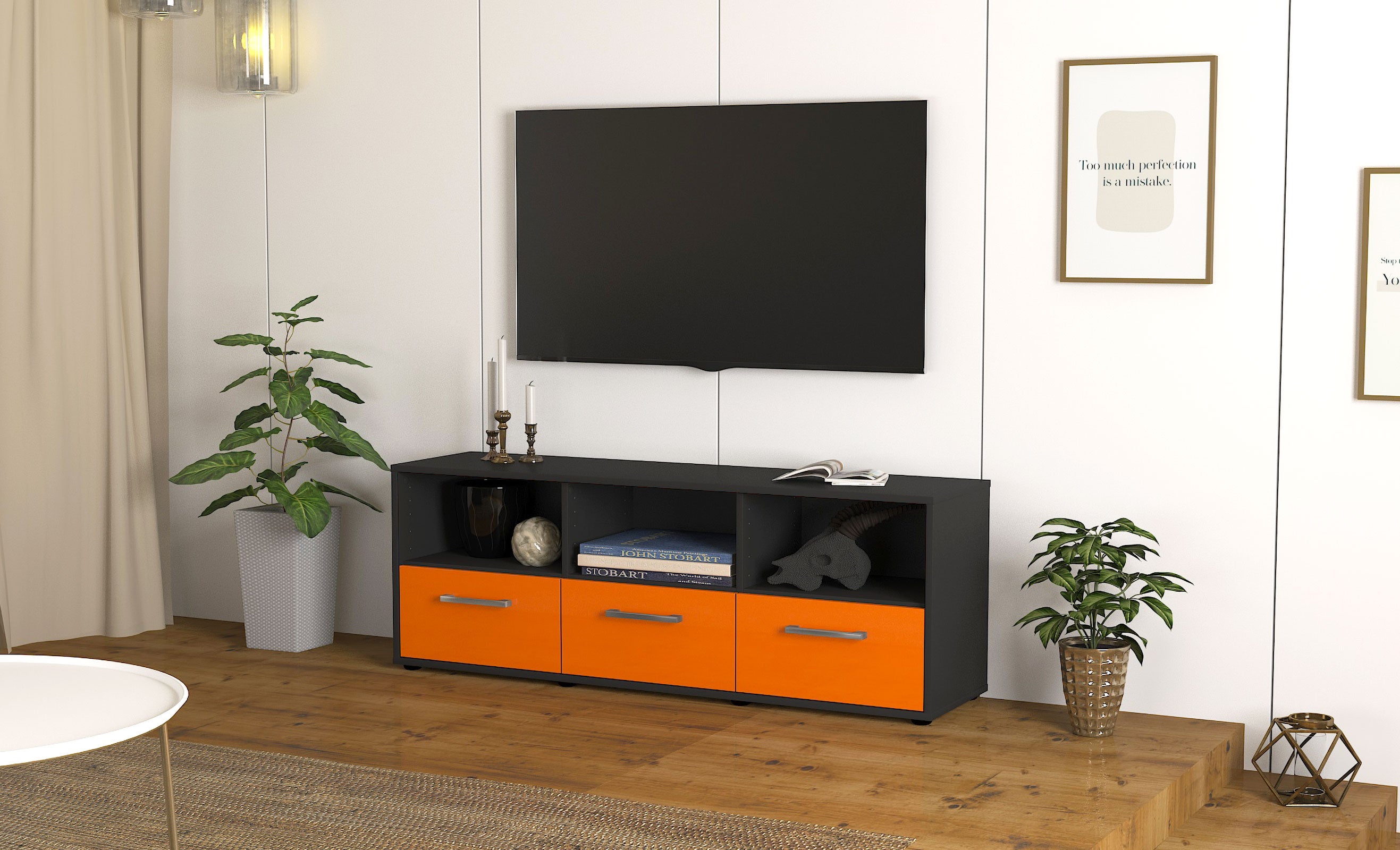 Lowboard - Amalia - Design Hochglanz - Freistehend mit Griffe 136 cm Anthrazit