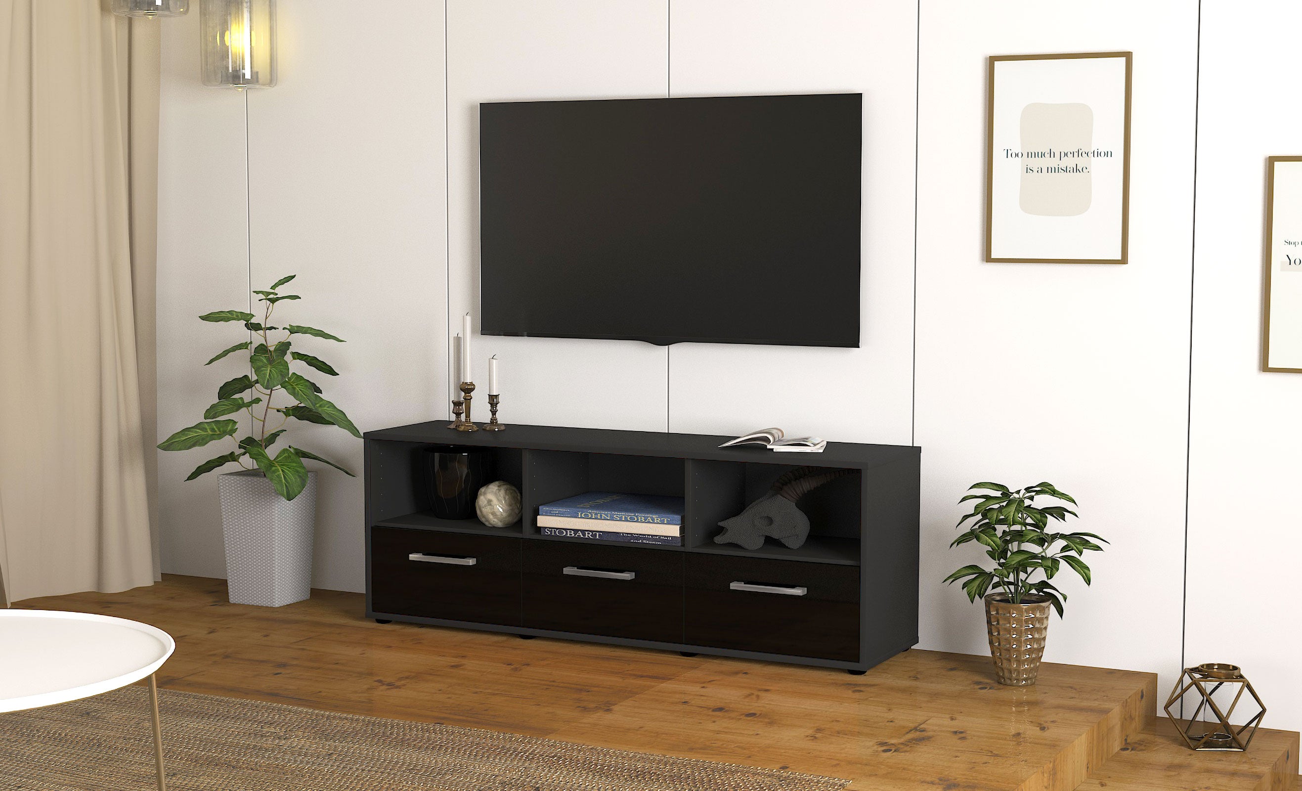 Lowboard - Amalia - Design Hochglanz - Freistehend mit Griffe 136 cm Anthrazit