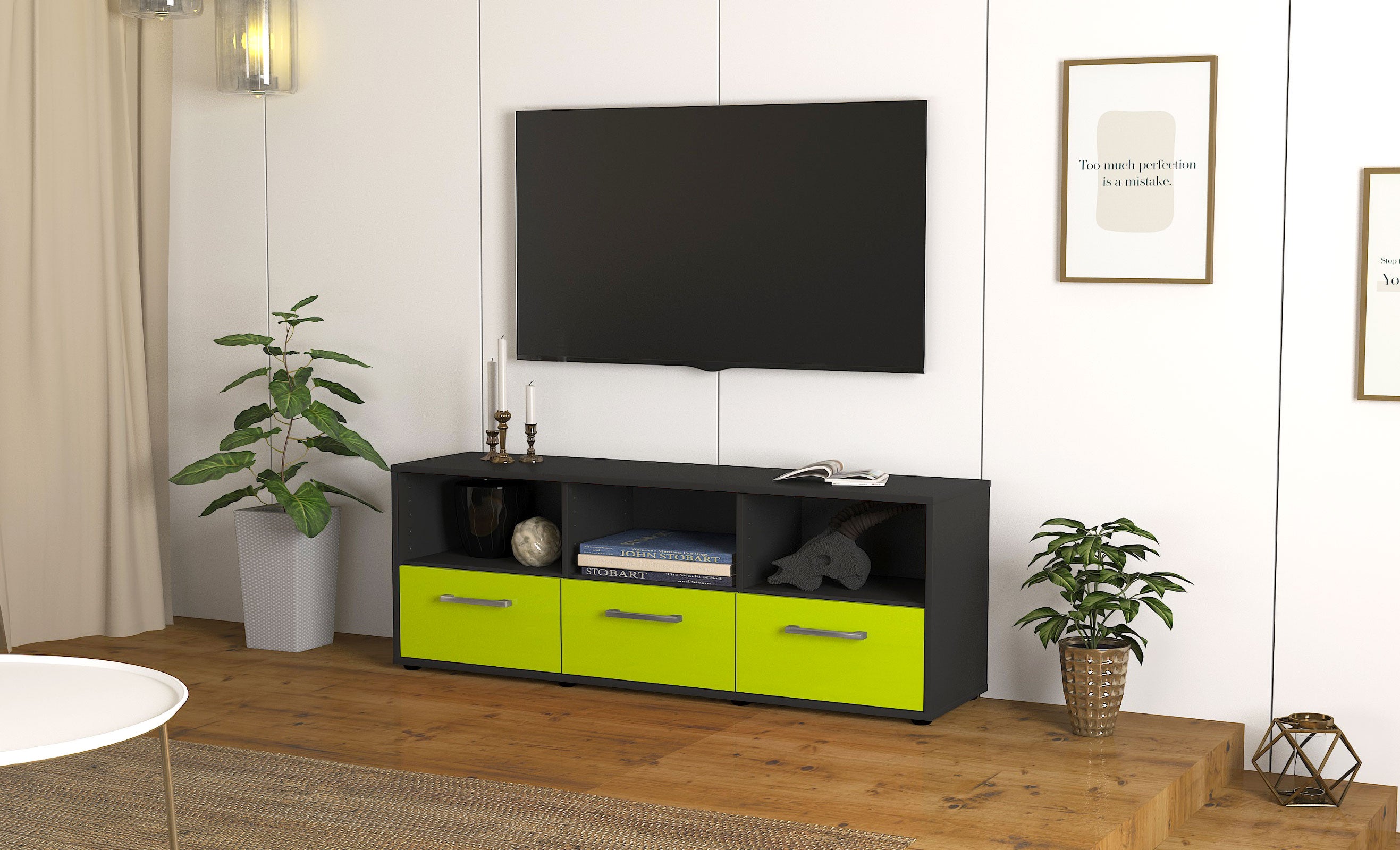 Lowboard - Amalia - Design Hochglanz - Freistehend mit Griffe 136 cm Anthrazit
