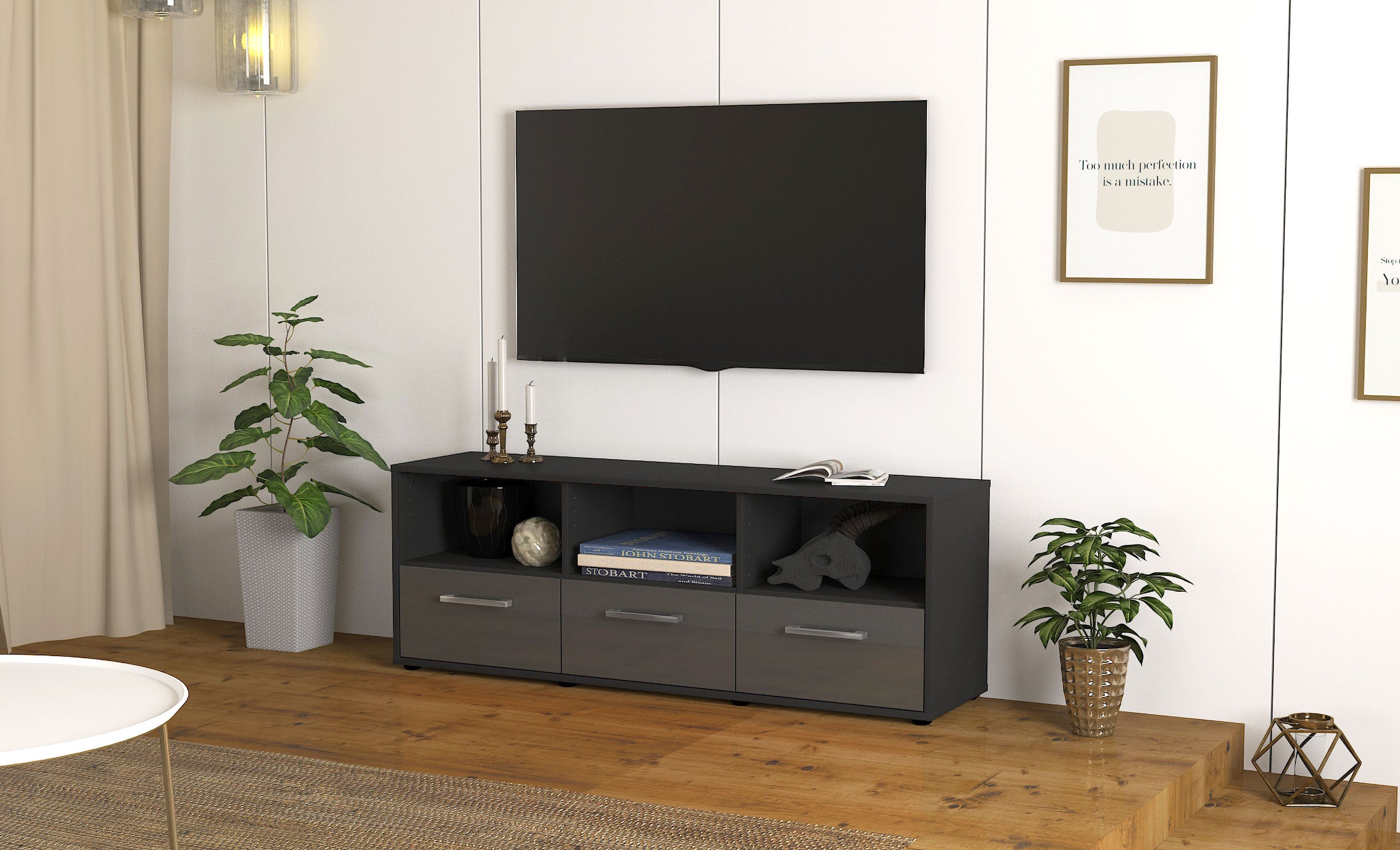 Lowboard - Amalia - Design Hochglanz - Freistehend mit Griffe 136 cm Anthrazit