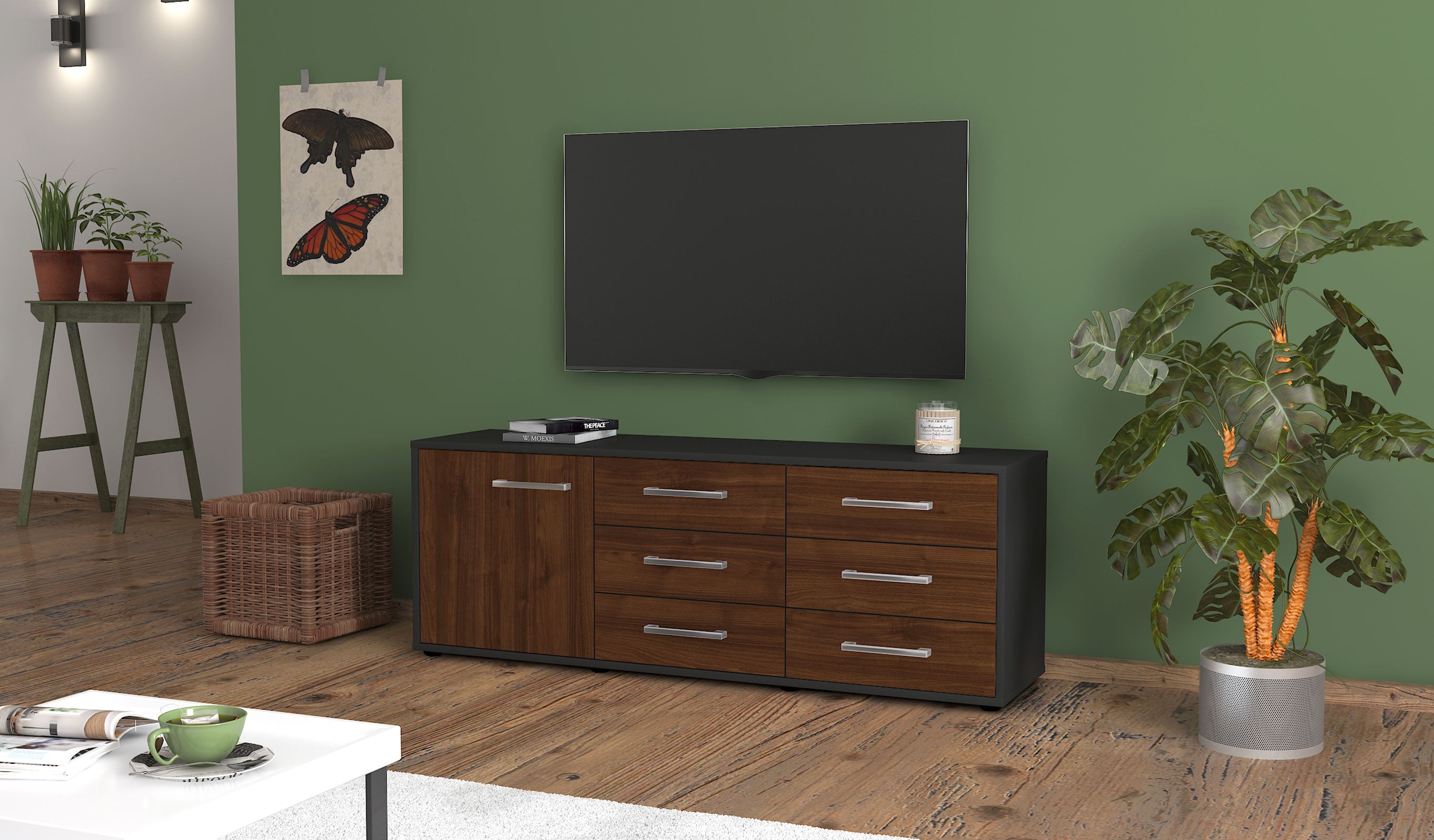 Lowboard - Amedea - Design Holzdekor - Freistehend mit Griffe 136 cm Anthrazit