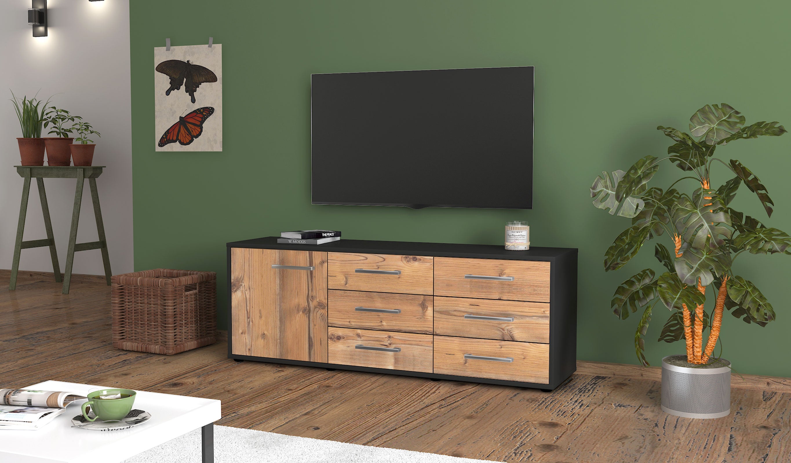 Lowboard - Amedea - Design Holzdekor - Freistehend mit Griffe 136 cm Anthrazit