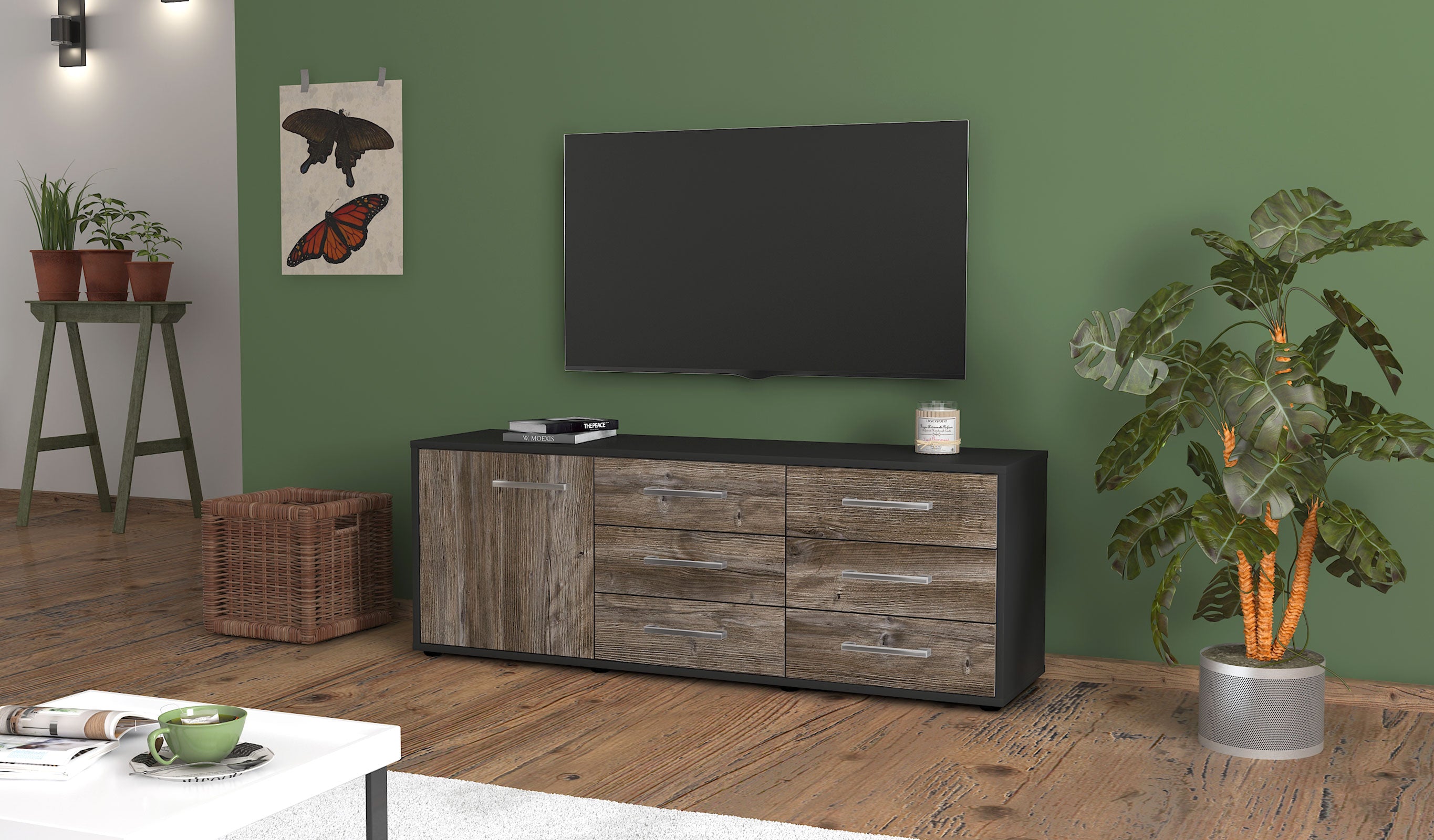 Lowboard - Amedea - Design Holzdekor - Freistehend mit Griffe 136 cm Anthrazit