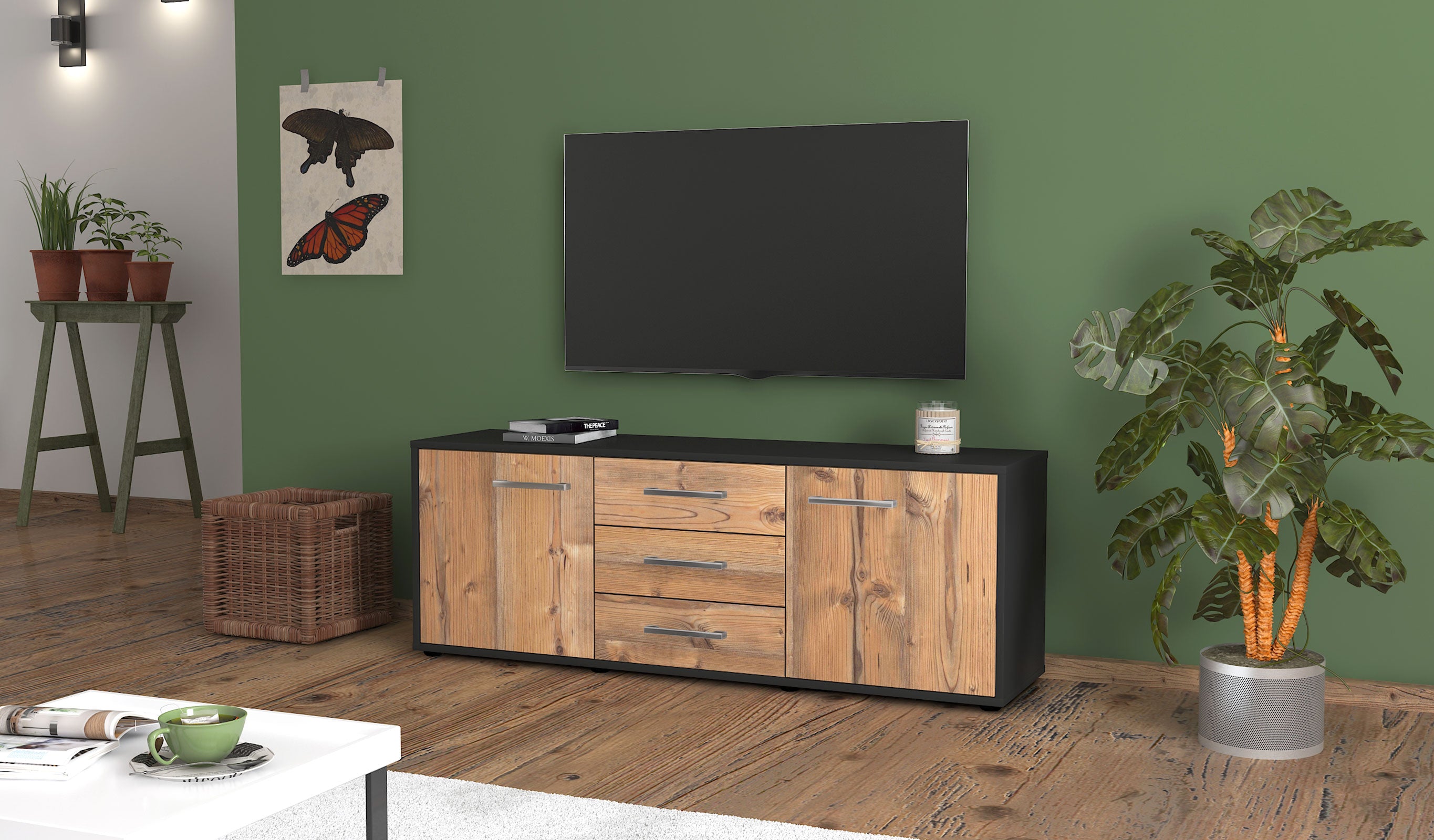Lowboard - Ameline - Design Holzdekor - Freistehend mit Griffe 136 cm Anthrazit