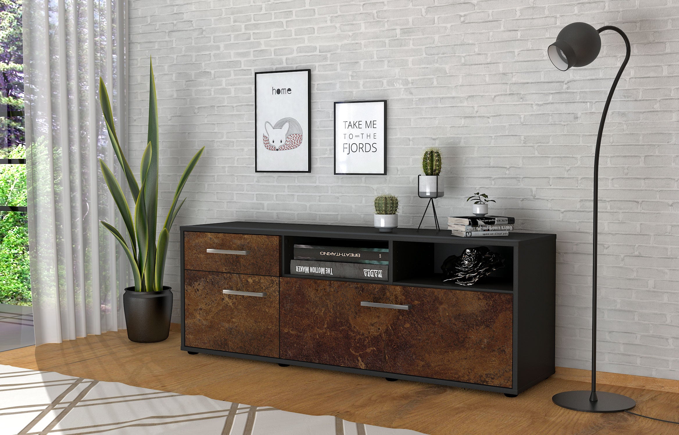 Lowboard - Amisa - Design Industrie Stil - Freistehend mit Griffe 136 cm Anthrazit