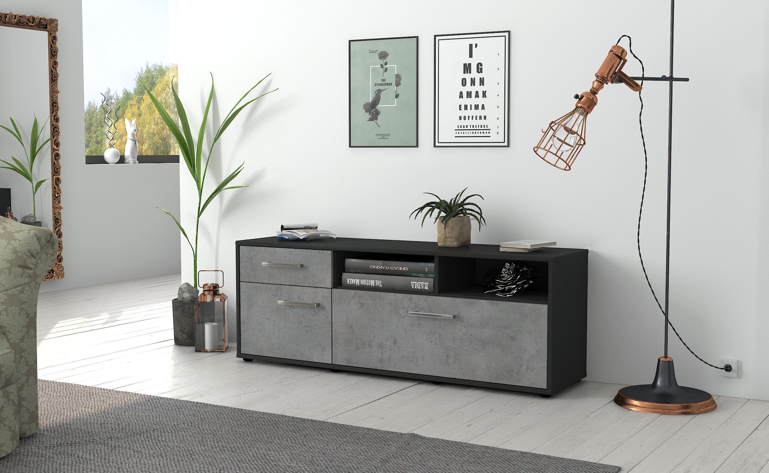 Lowboard - Amisa - Design Industrie Stil - Freistehend mit Griffe 136 cm Anthrazit