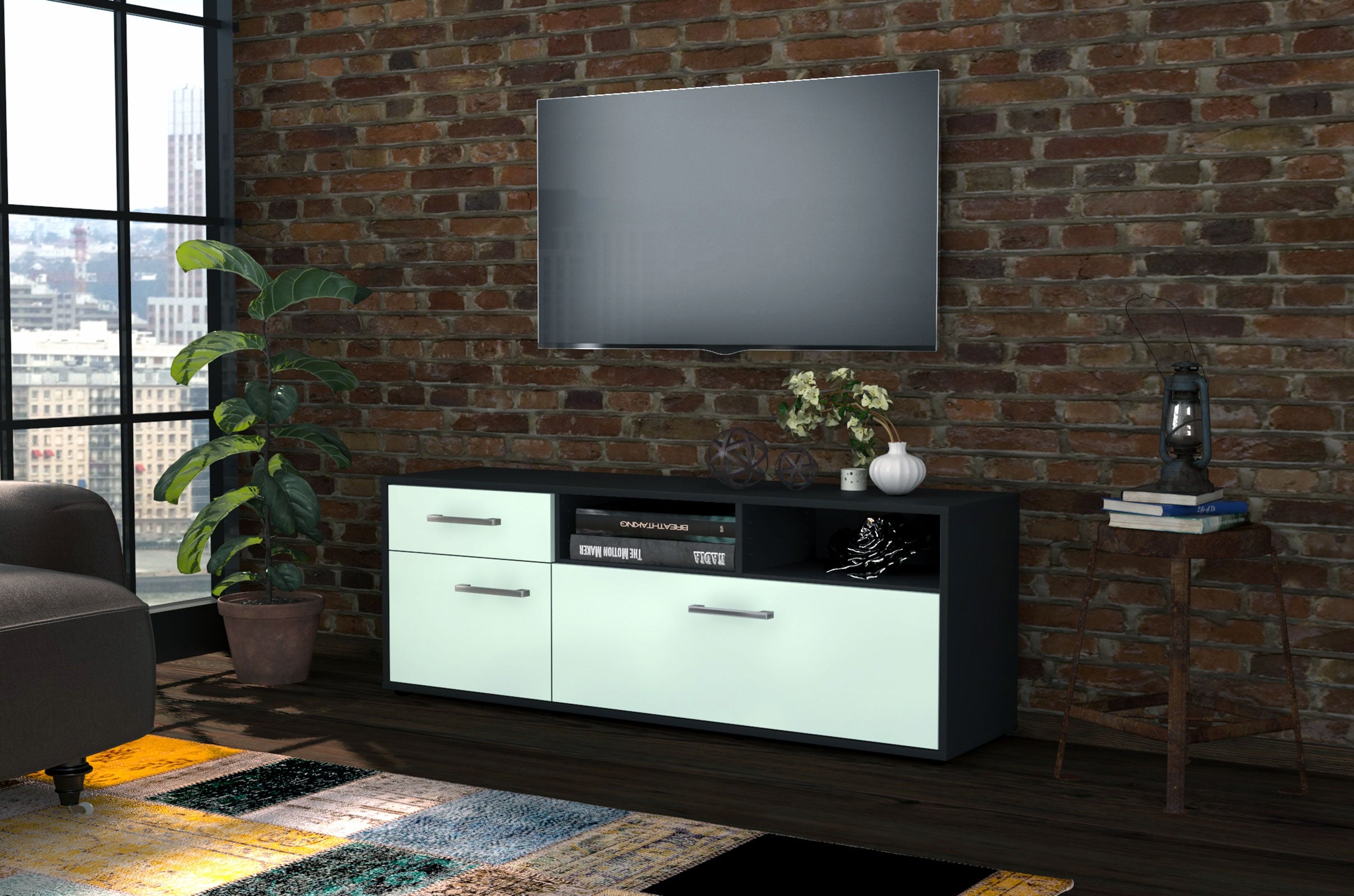 Lowboard - Amisa - Design Farbakzent - Freistehend mit Griffe 136 cm Anthrazit