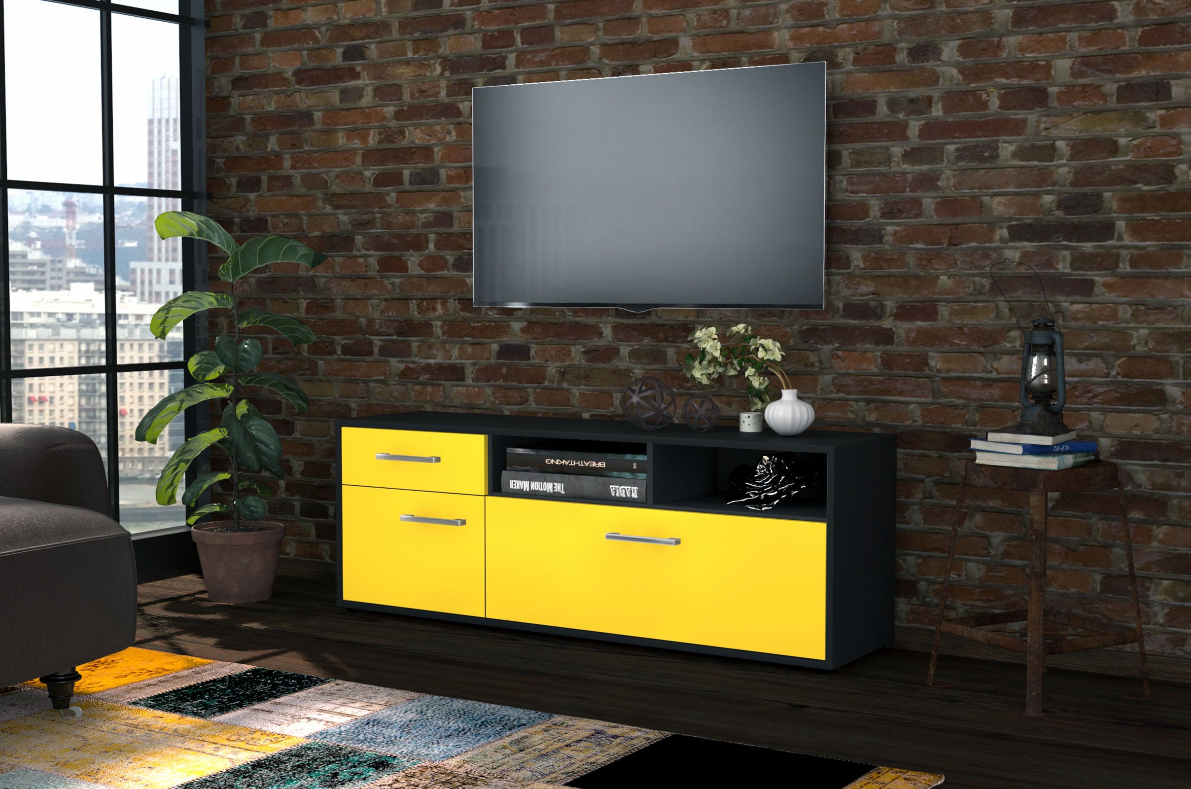 Lowboard - Amisa - Design Farbakzent - Freistehend mit Griffe 136 cm Anthrazit